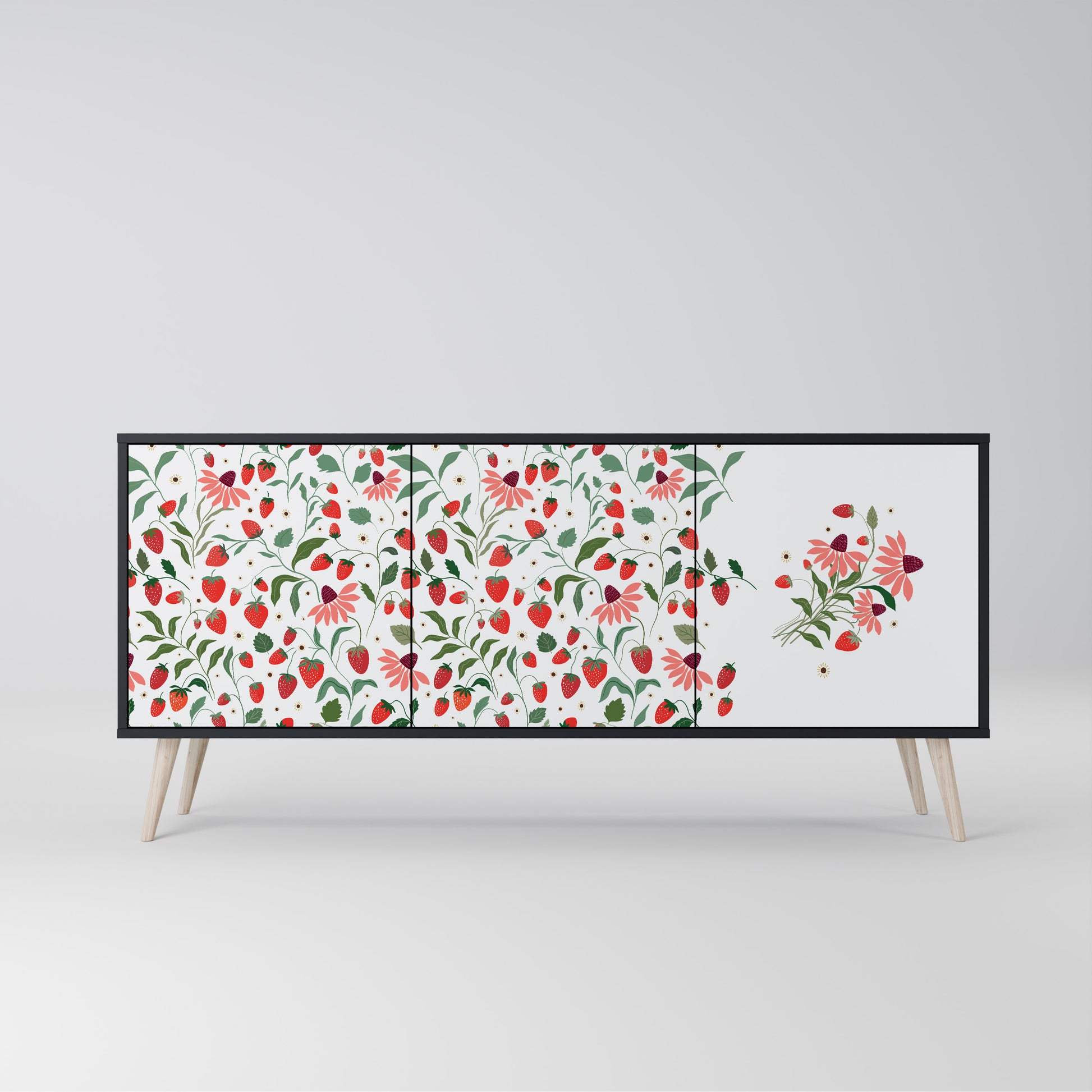 FLOWERS AND STRAWBERRIES 3-Door Sideboard in Black Finish