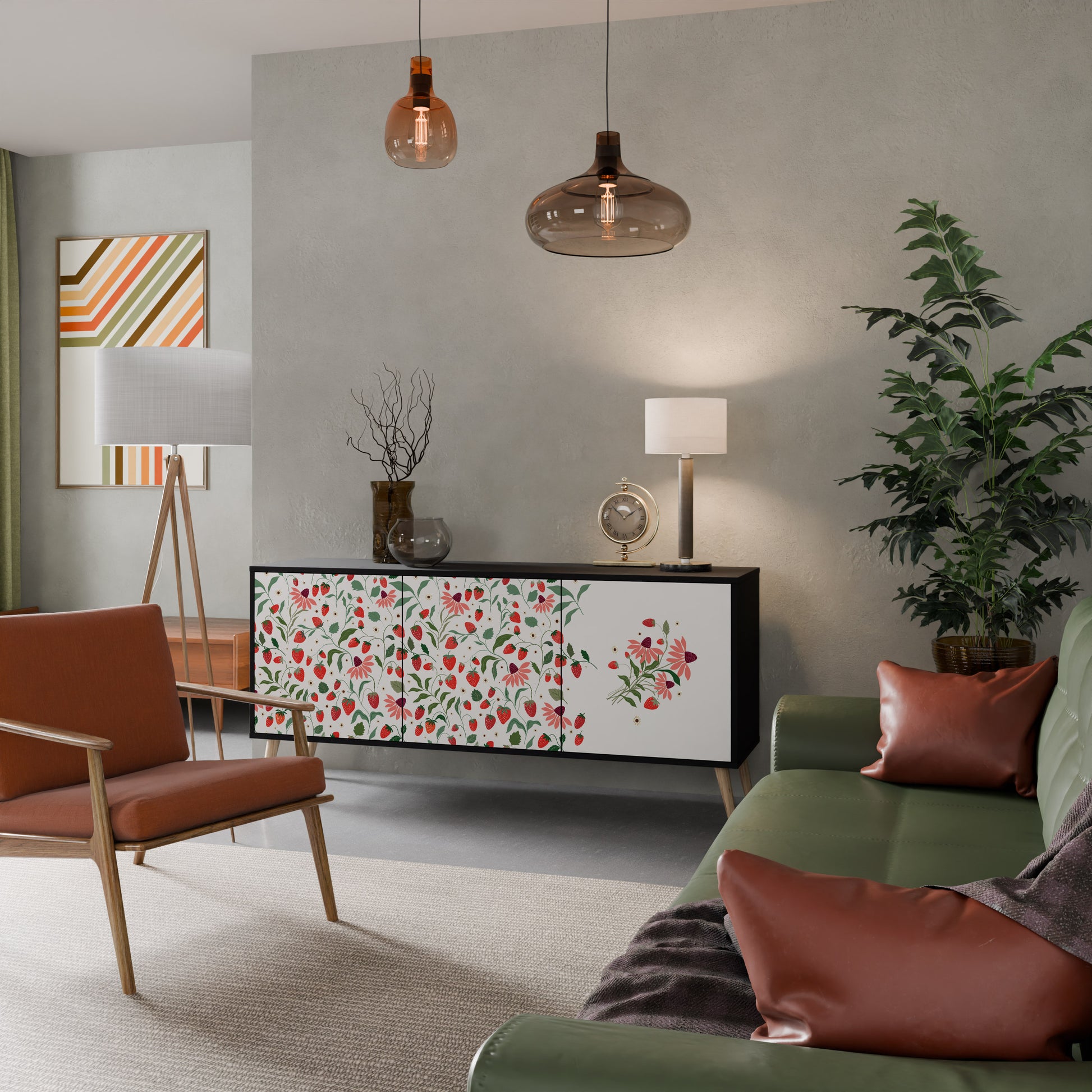 FLOWERS AND STRAWBERRIES 3-Door Sideboard in Black Finish