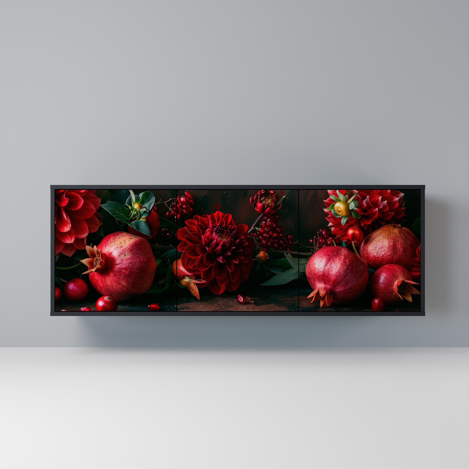 DAHLIAS AND POMEGRANATES 3-Door Sideboard in Black Finish