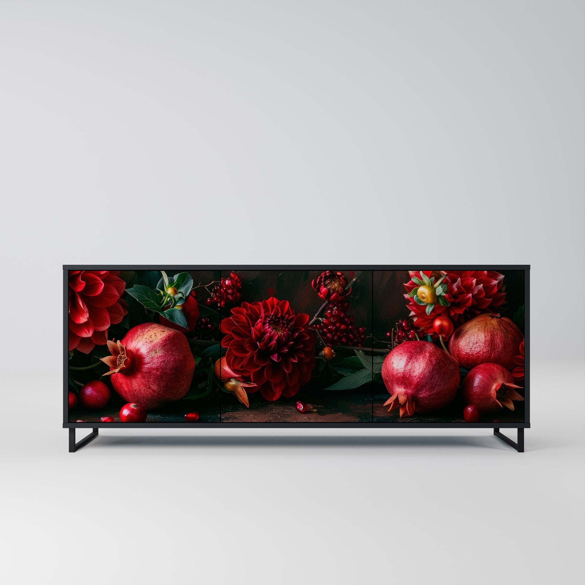 DAHLIAS AND POMEGRANATES 3-Door Sideboard in Black Finish