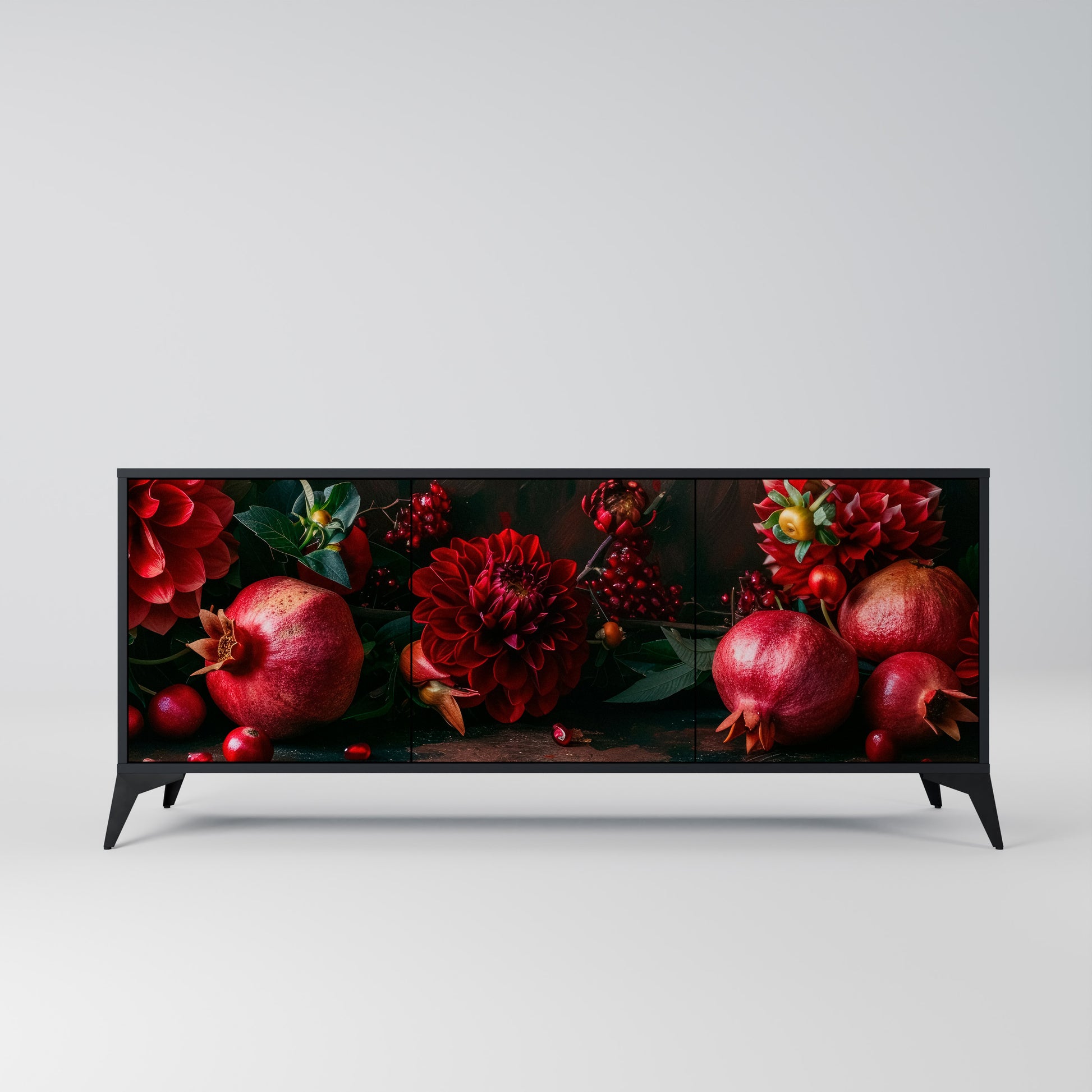 DAHLIAS AND POMEGRANATES 3-Door Sideboard in Black Finish