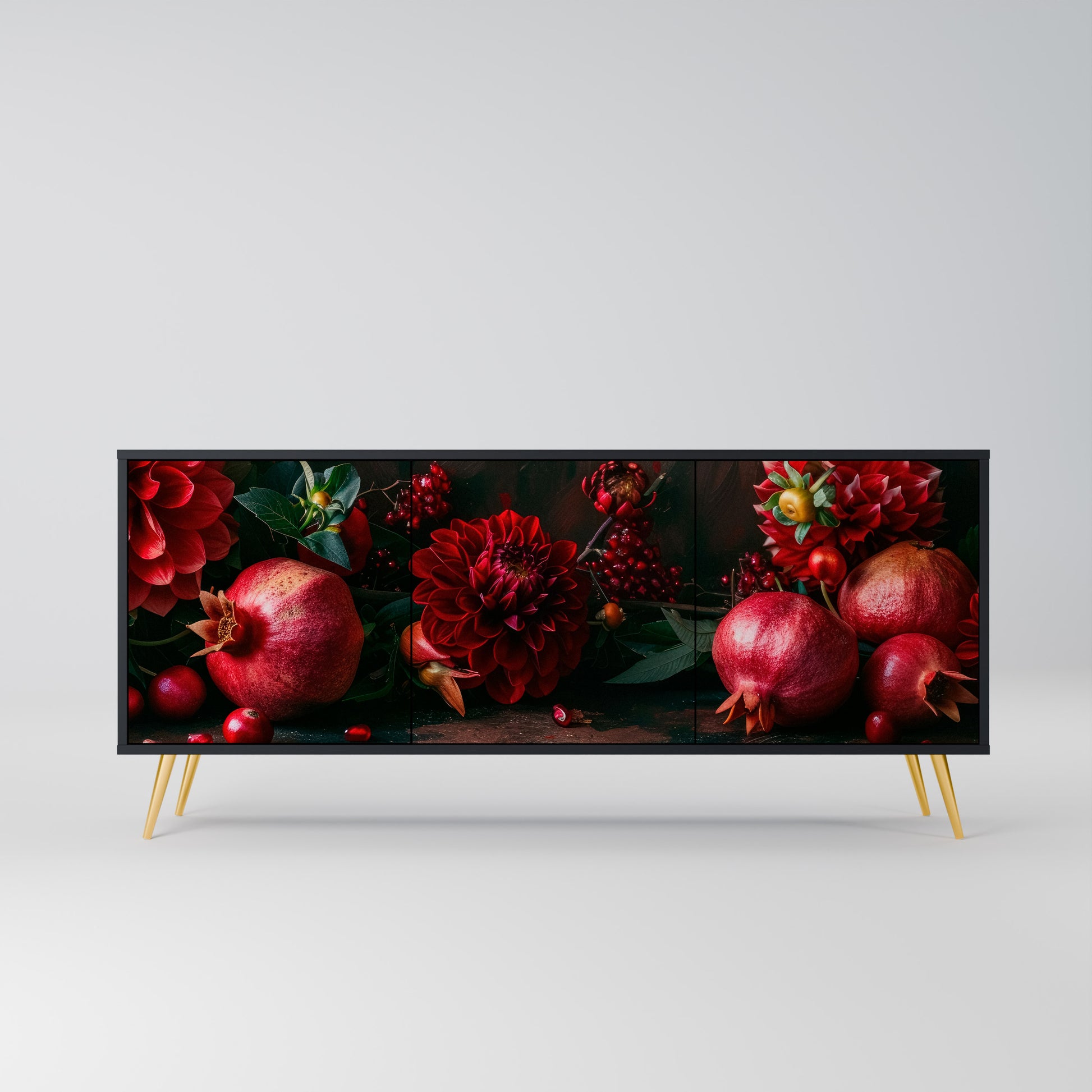 DAHLIAS AND POMEGRANATES 3-Door Sideboard in Black Finish