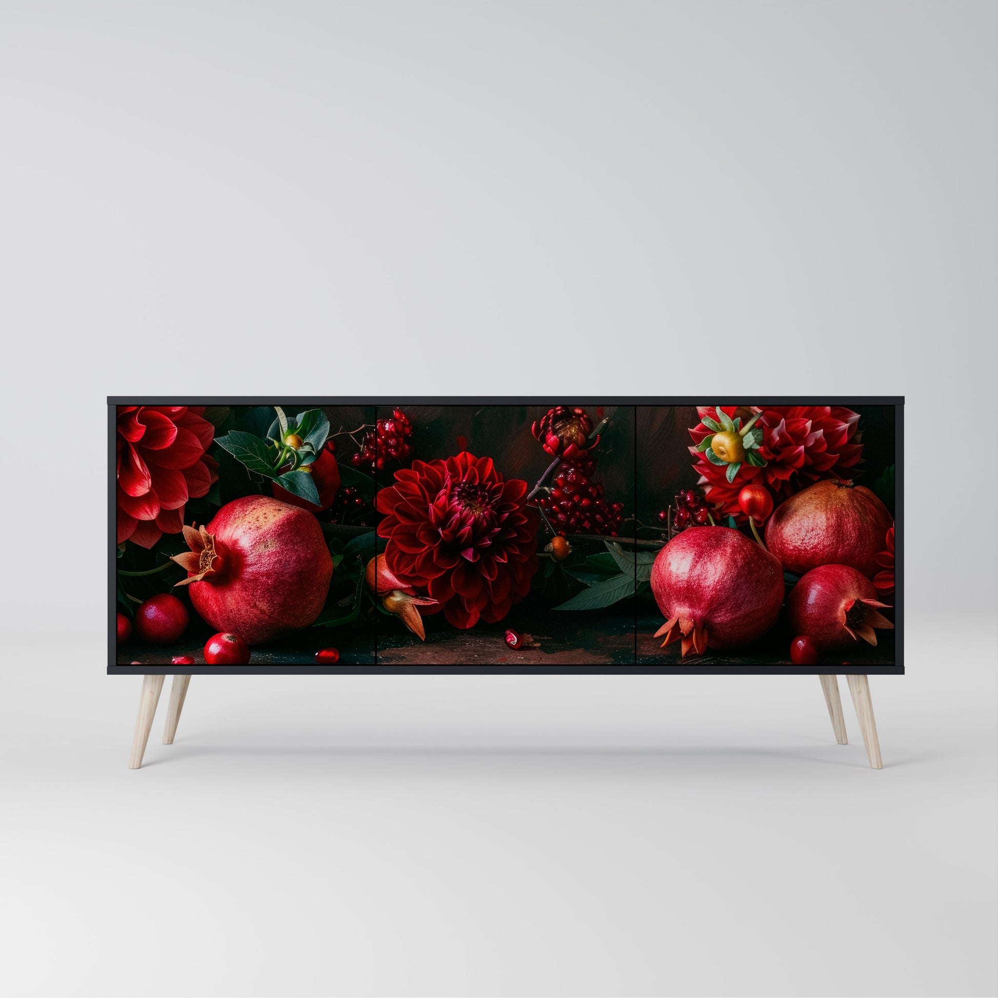 DAHLIAS AND POMEGRANATES 3-Door Sideboard in Black Finish
