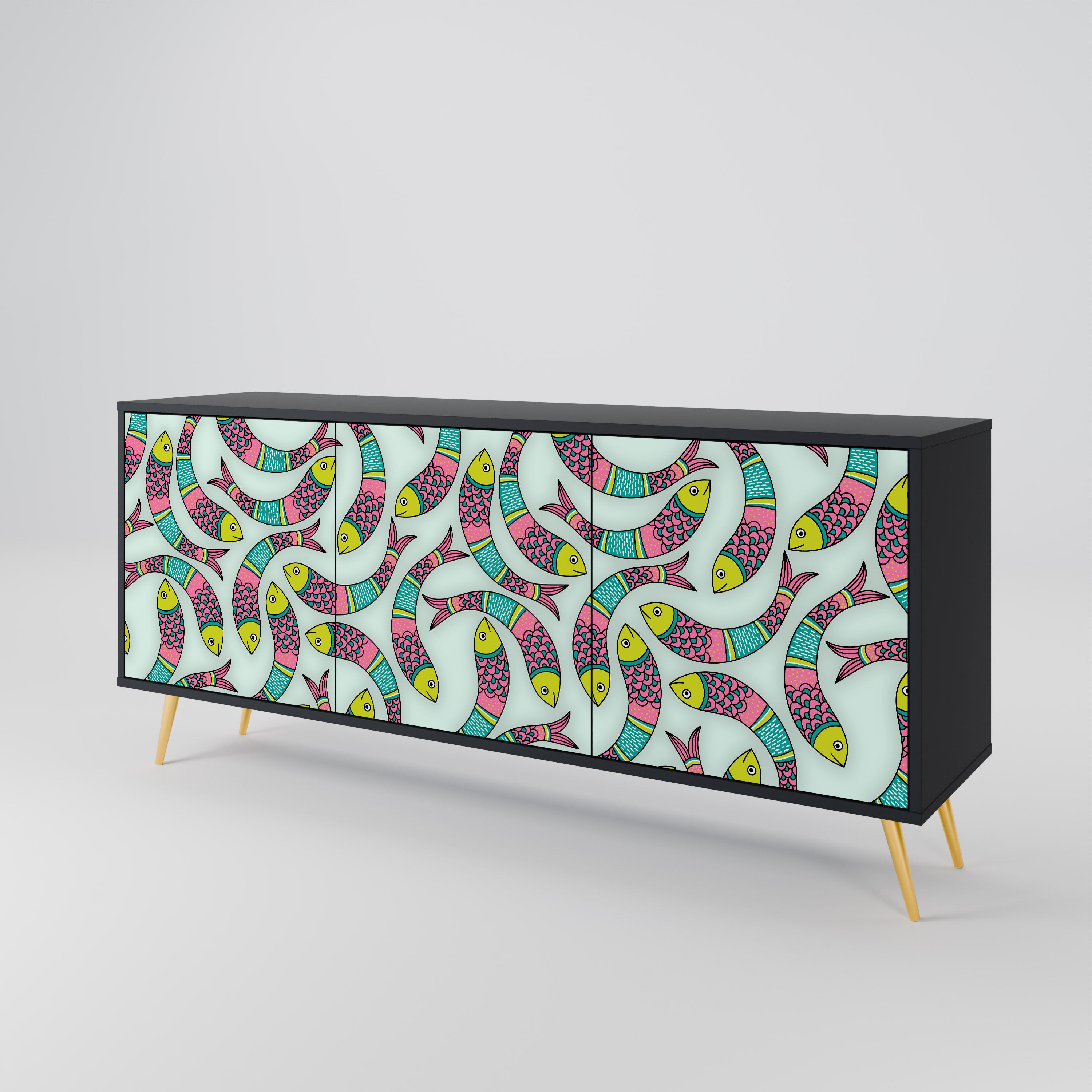 INDIAN FISH 3-Door Sideboard in Black Finish