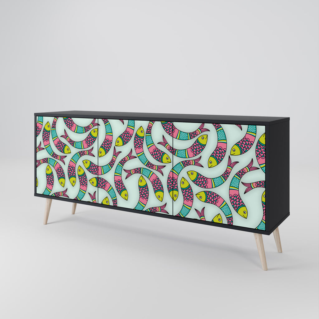 INDIAN FISH 3-Door Sideboard in Black Finish