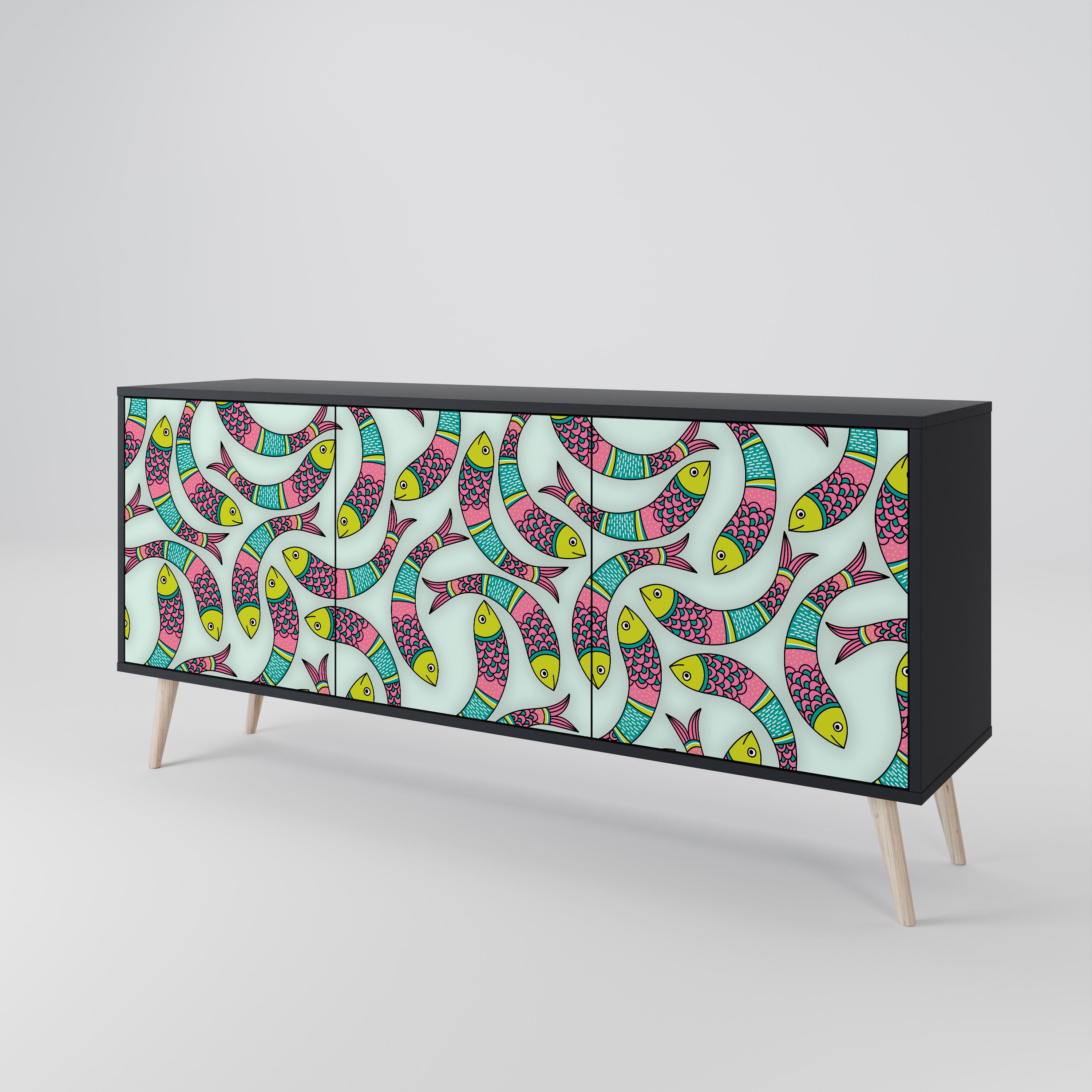 INDIAN FISH 3-Door Sideboard in Black Finish