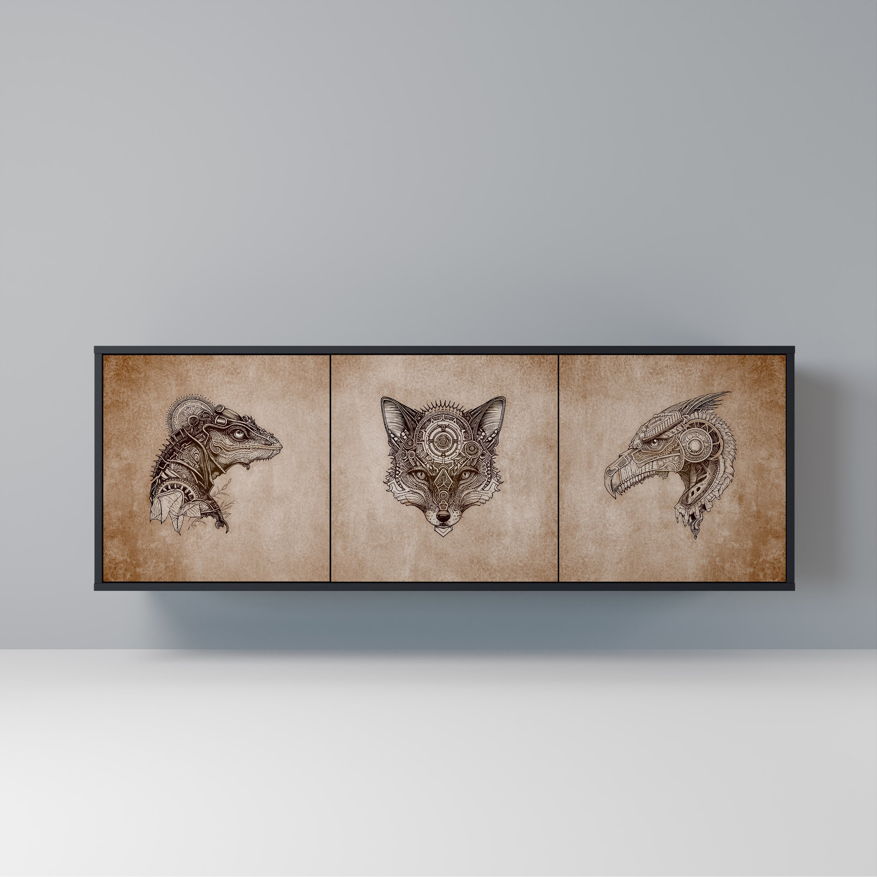 STEAMPUNK CLAN 3-Door Sideboard in Black Finish