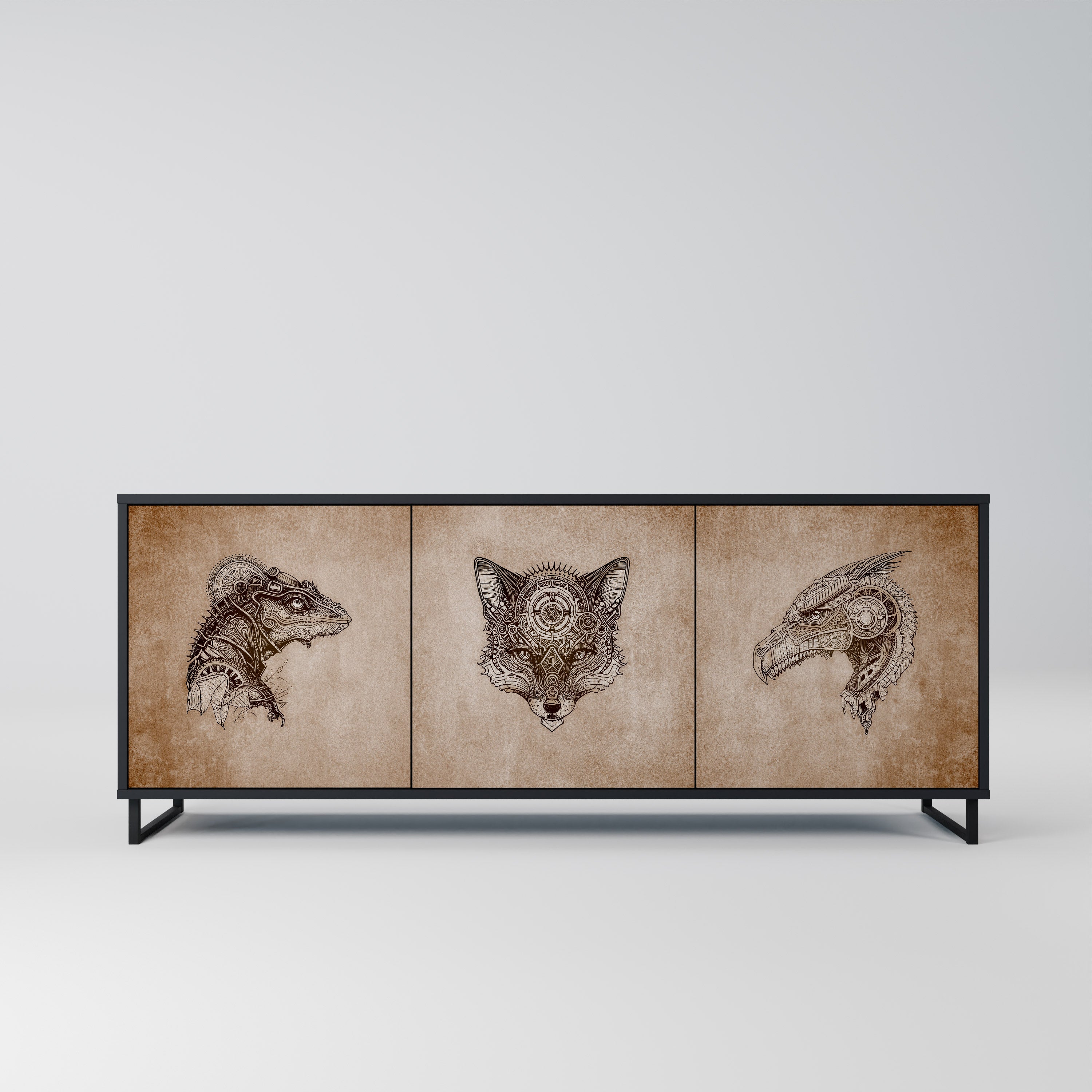 STEAMPUNK CLAN 3-Door Sideboard in Black Finish