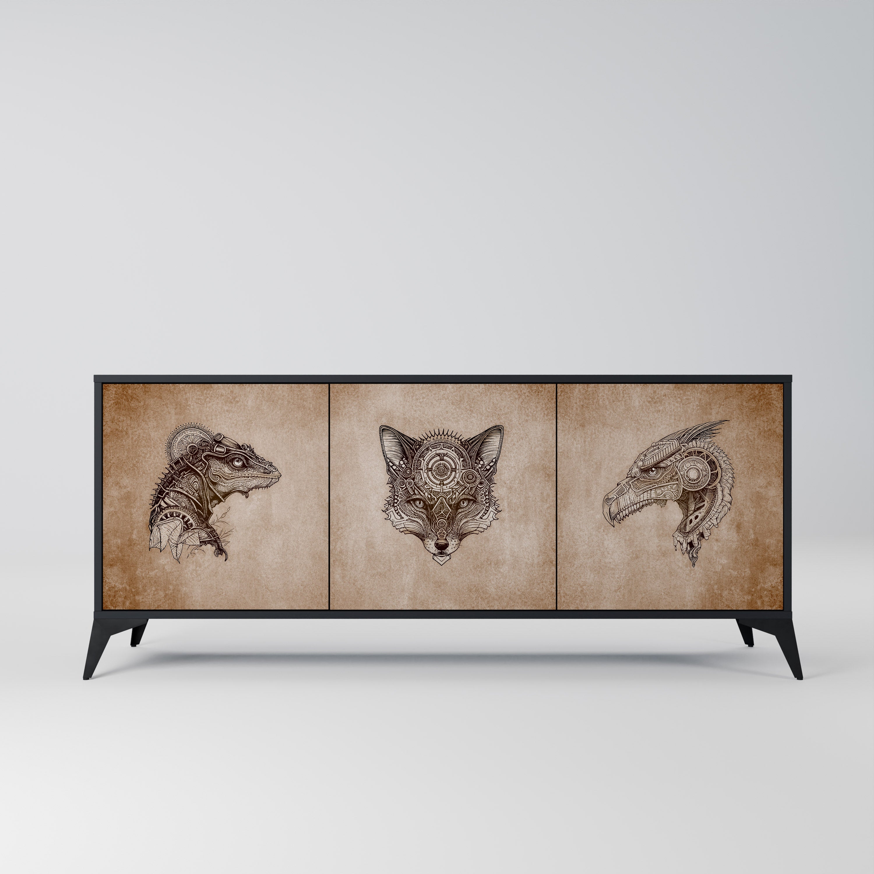 STEAMPUNK CLAN 3-Door Sideboard in Black Finish