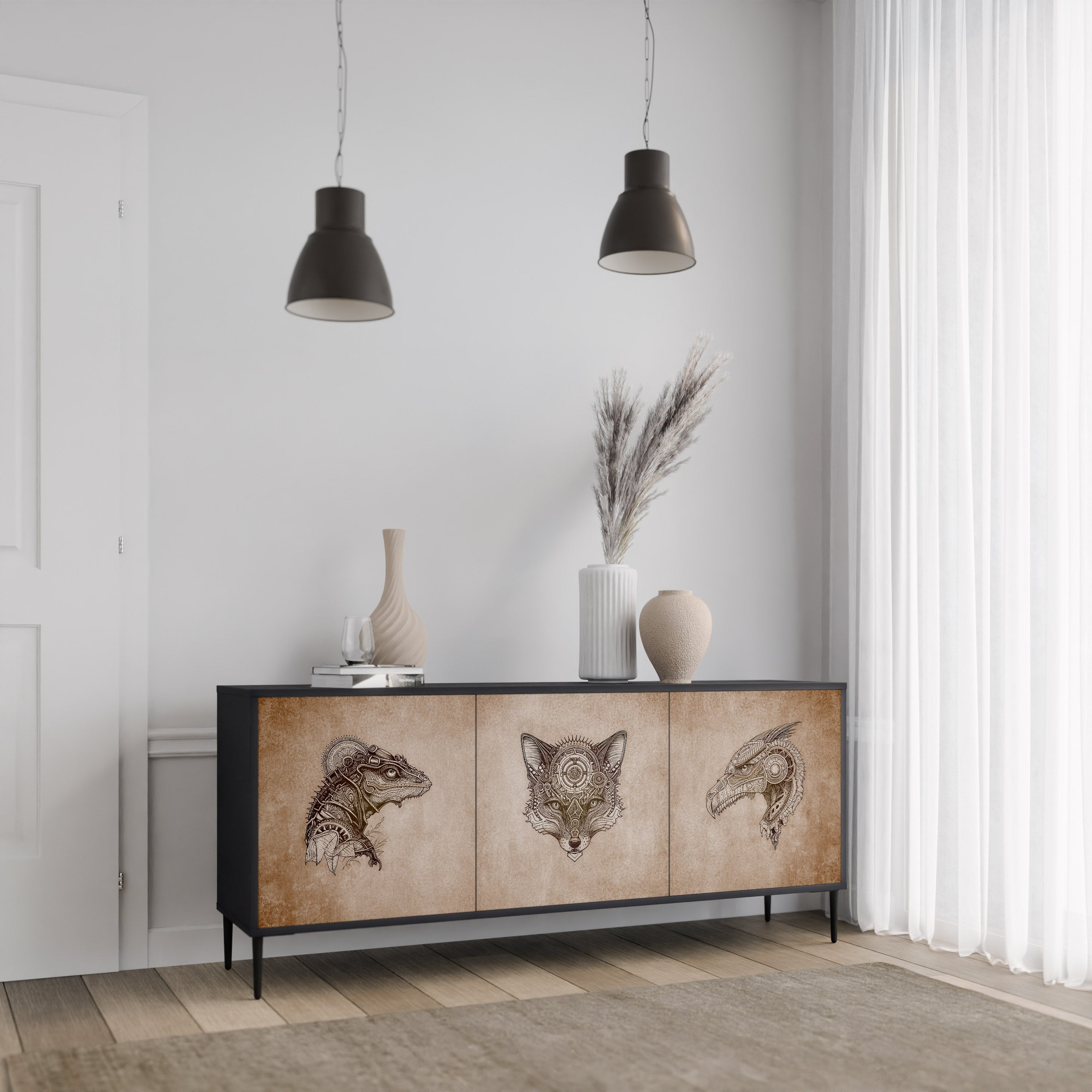 STEAMPUNK CLAN 3-Door Sideboard in Black Finish