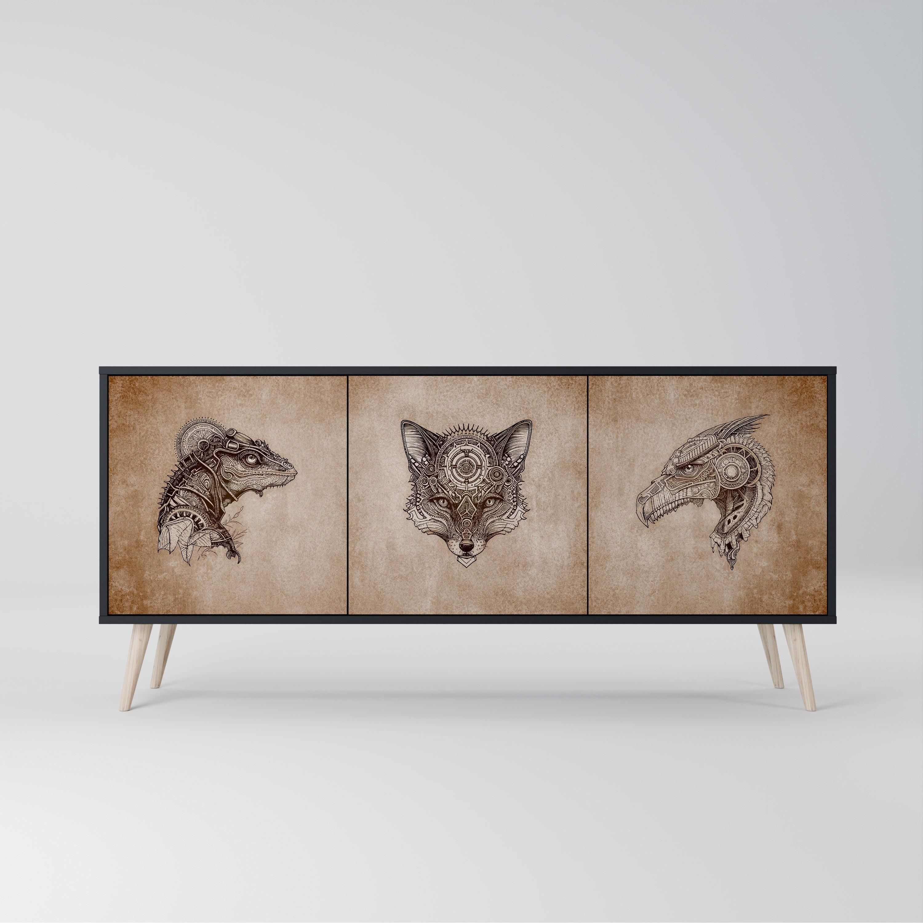 STEAMPUNK CLAN 3-Door Sideboard in Black Finish