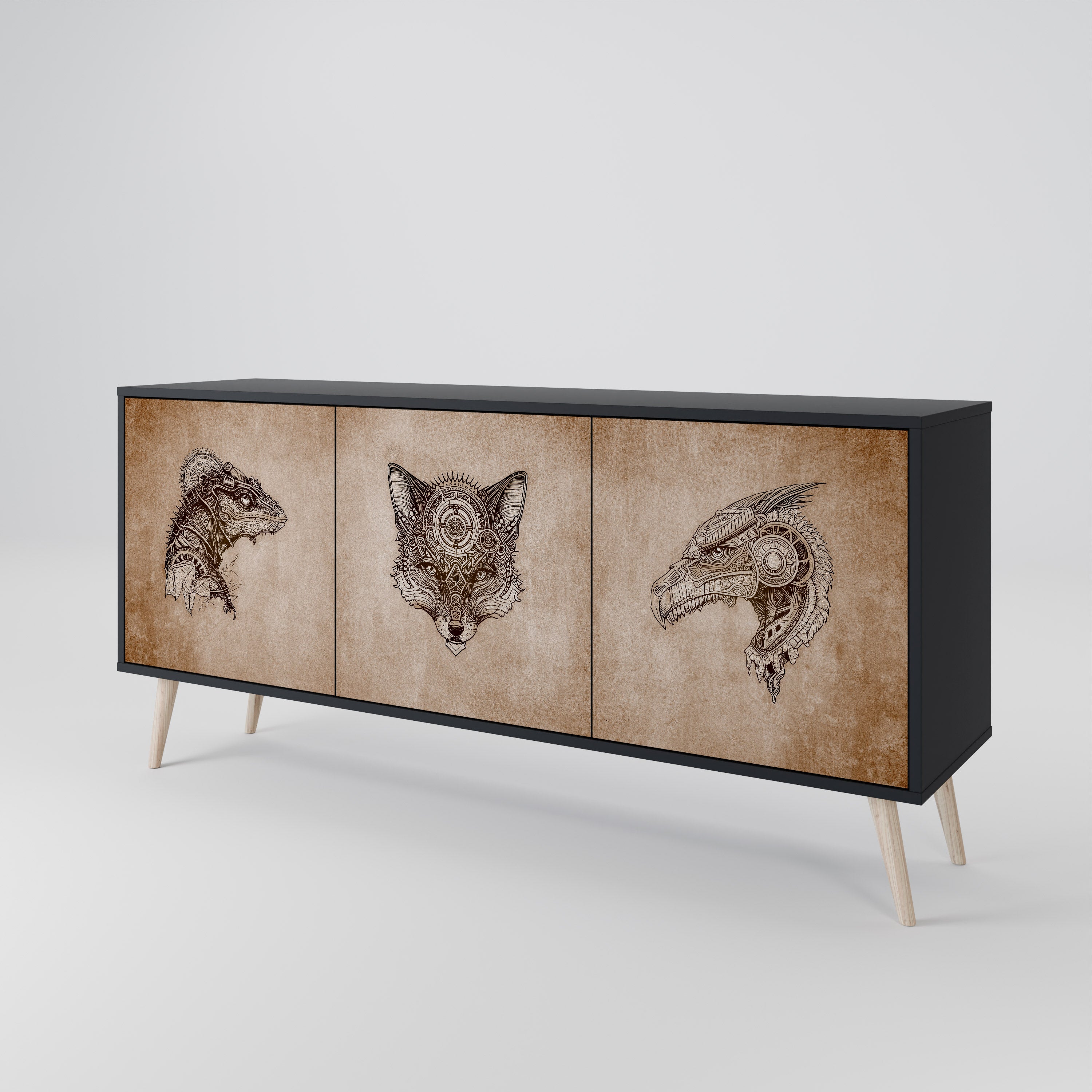 STEAMPUNK CLAN 3-Door Sideboard in Black Finish
