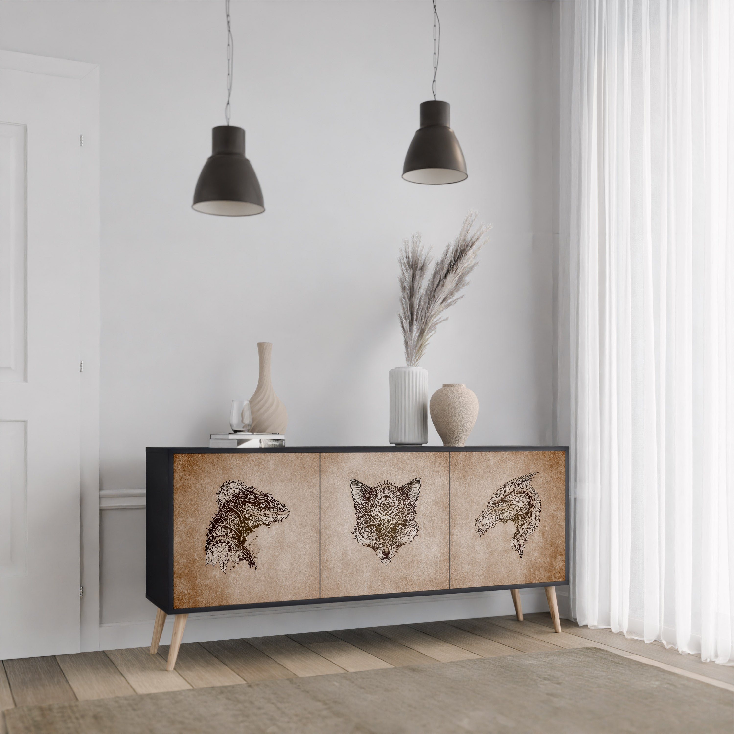 STEAMPUNK CLAN 3-Door Sideboard in Black Finish