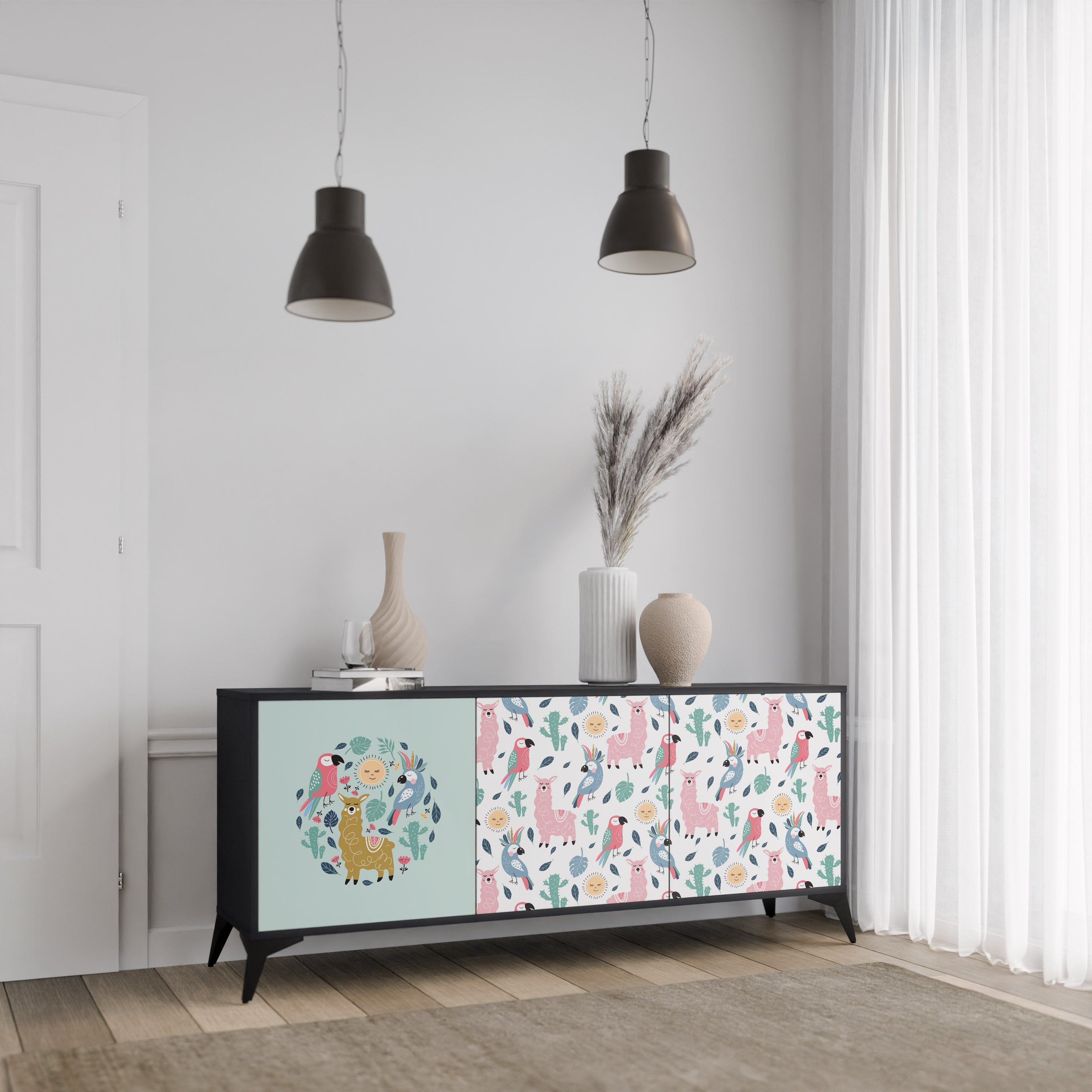 COLORFUL ALPACAS 3-Door Sideboard in Black Finish