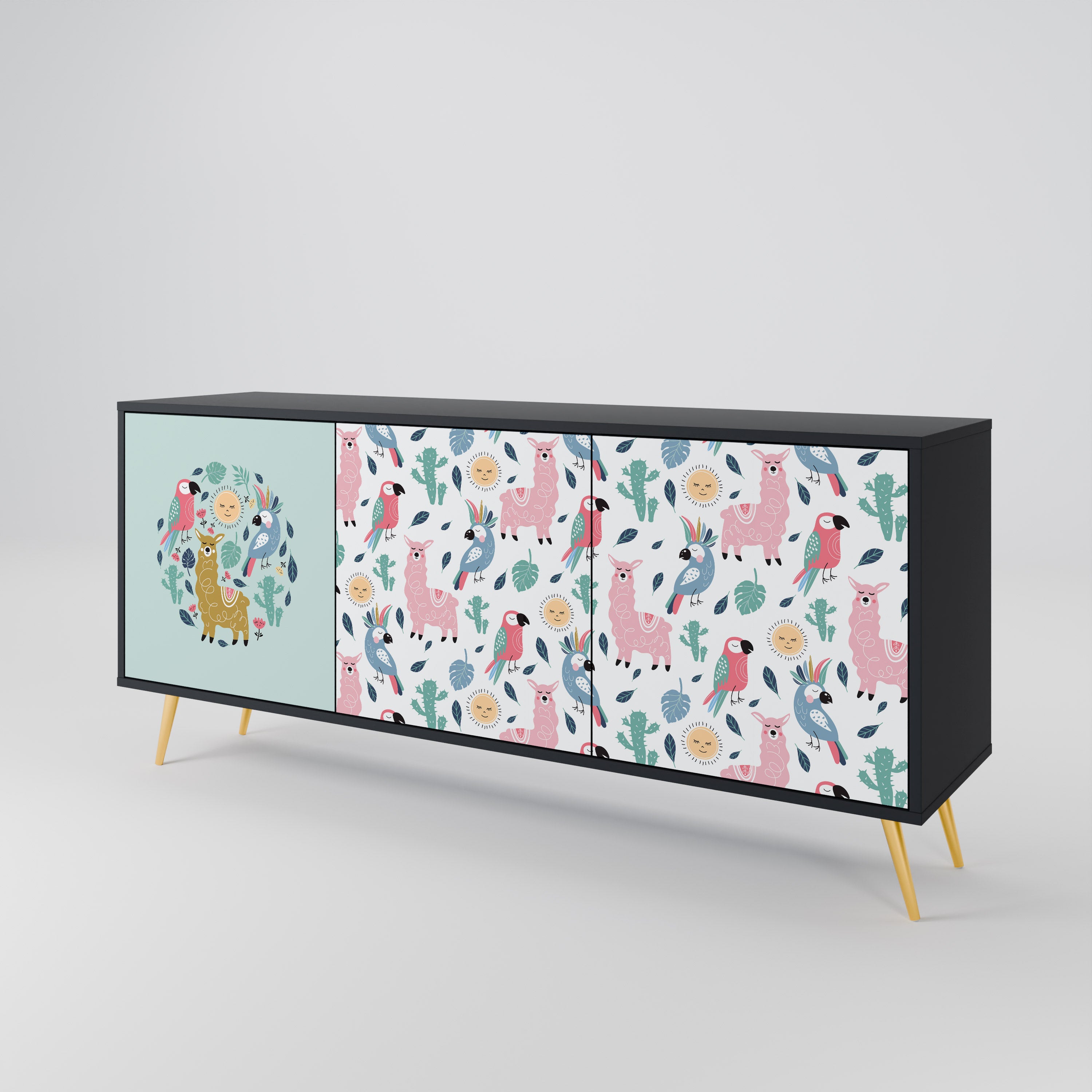 COLORFUL ALPACAS 3-Door Sideboard in Black Finish