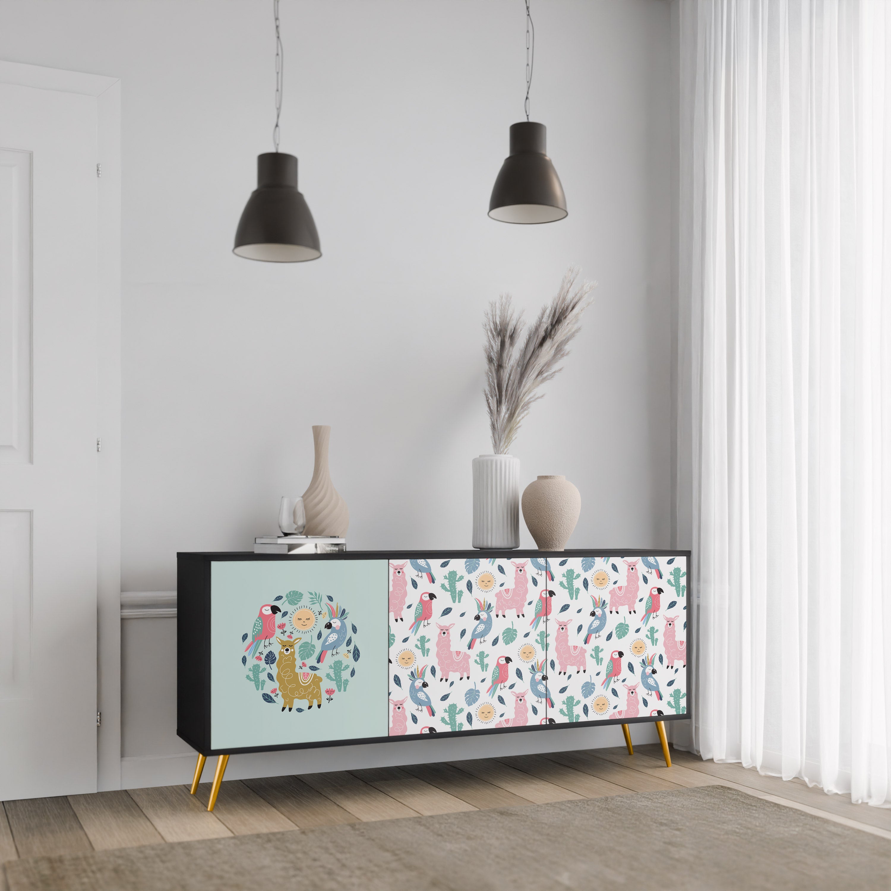 COLORFUL ALPACAS 3-Door Sideboard in Black Finish