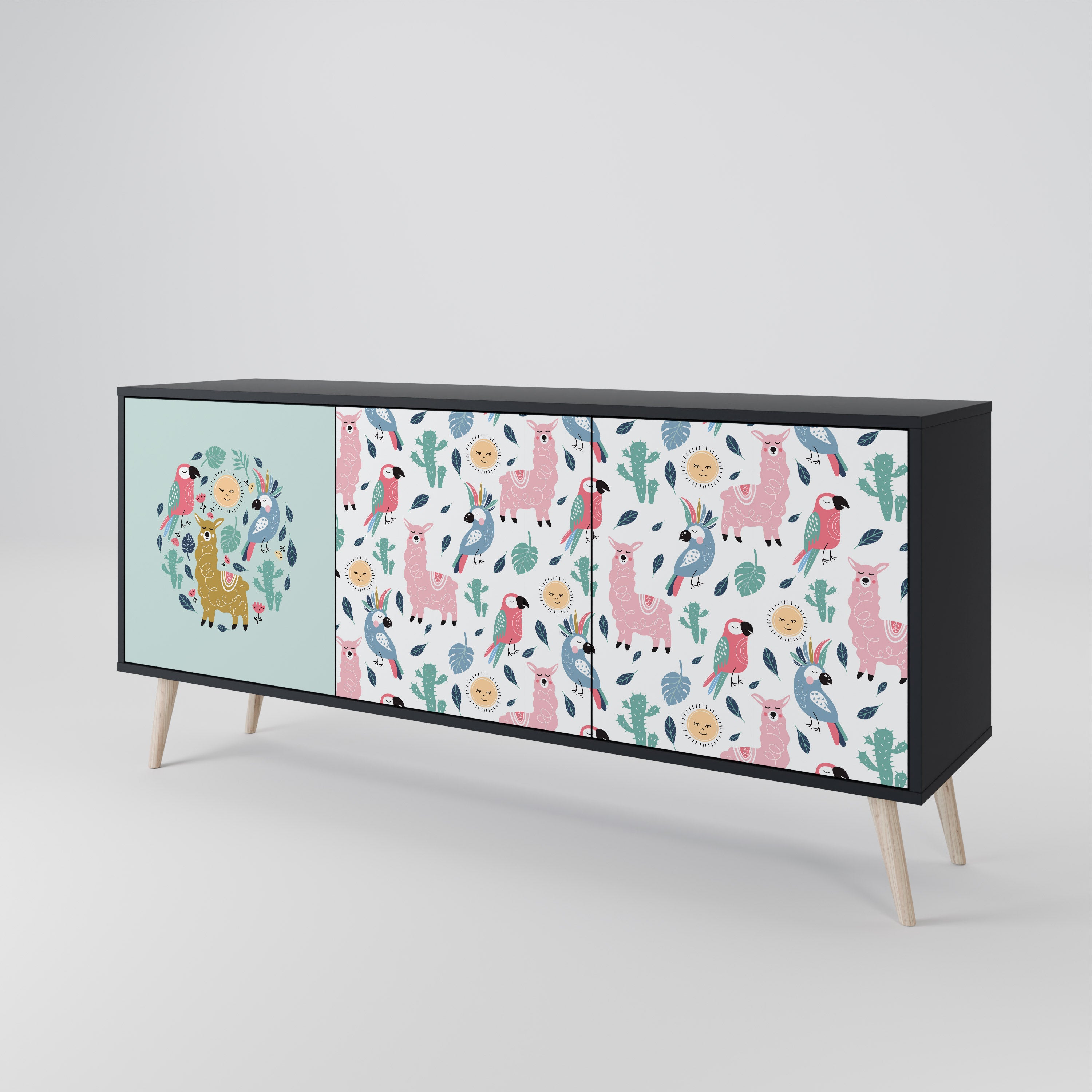 COLORFUL ALPACAS 3-Door Sideboard in Black Finish
