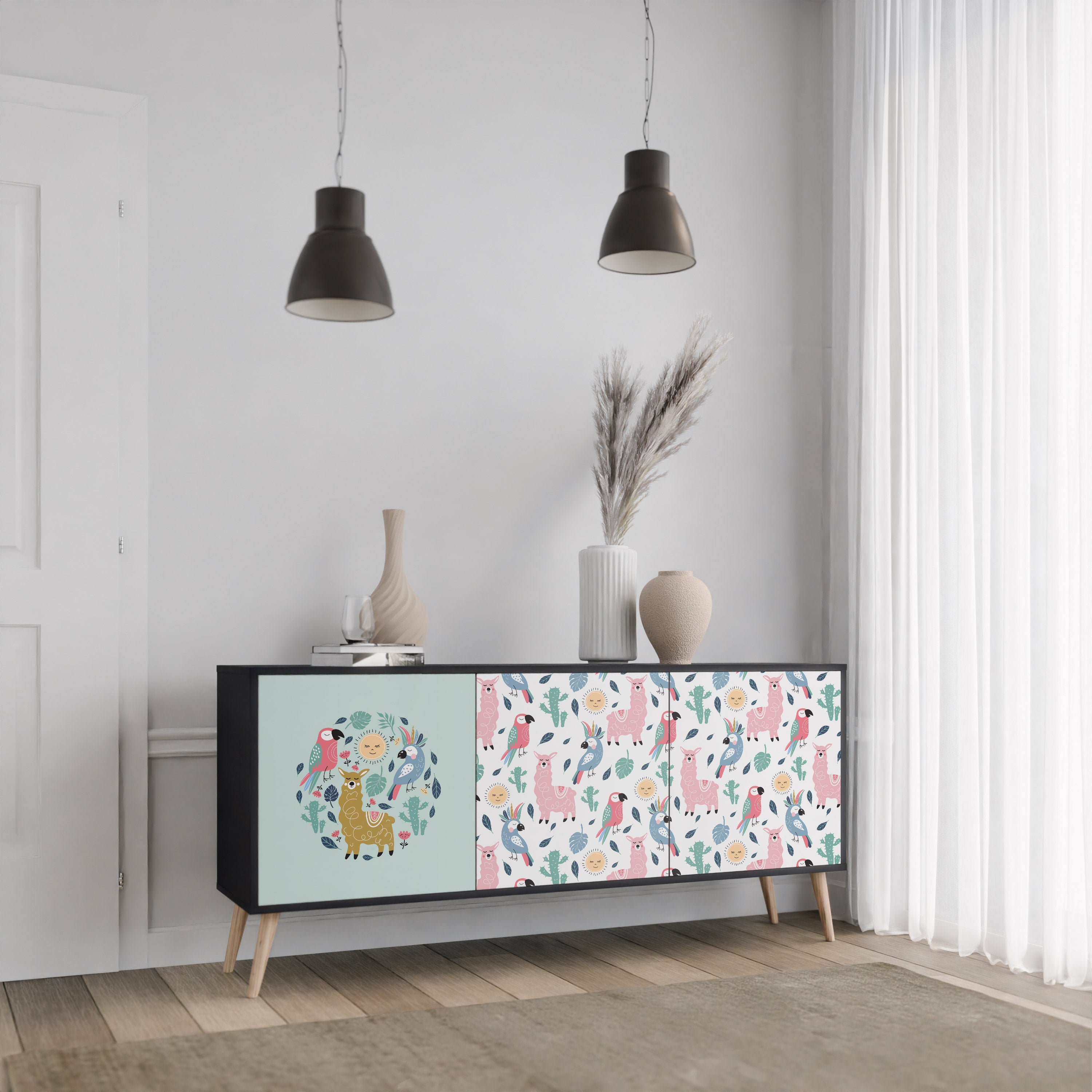 COLORFUL ALPACAS 3-Door Sideboard in Black Finish
