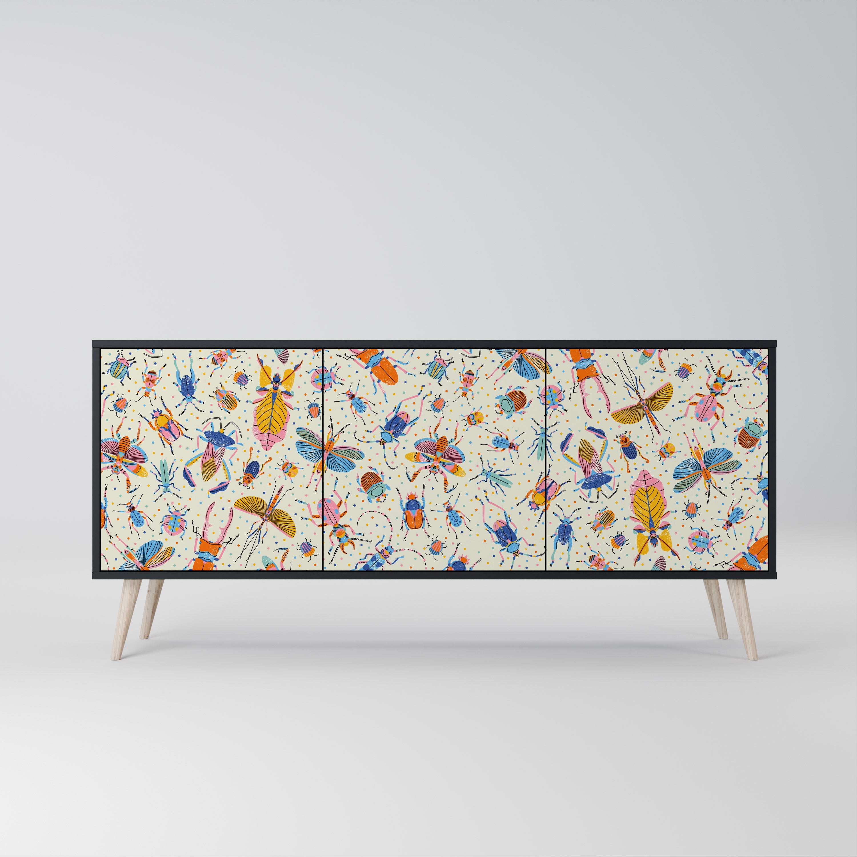 COLORFUL INSECTS 3-Door Sideboard in Black Finish