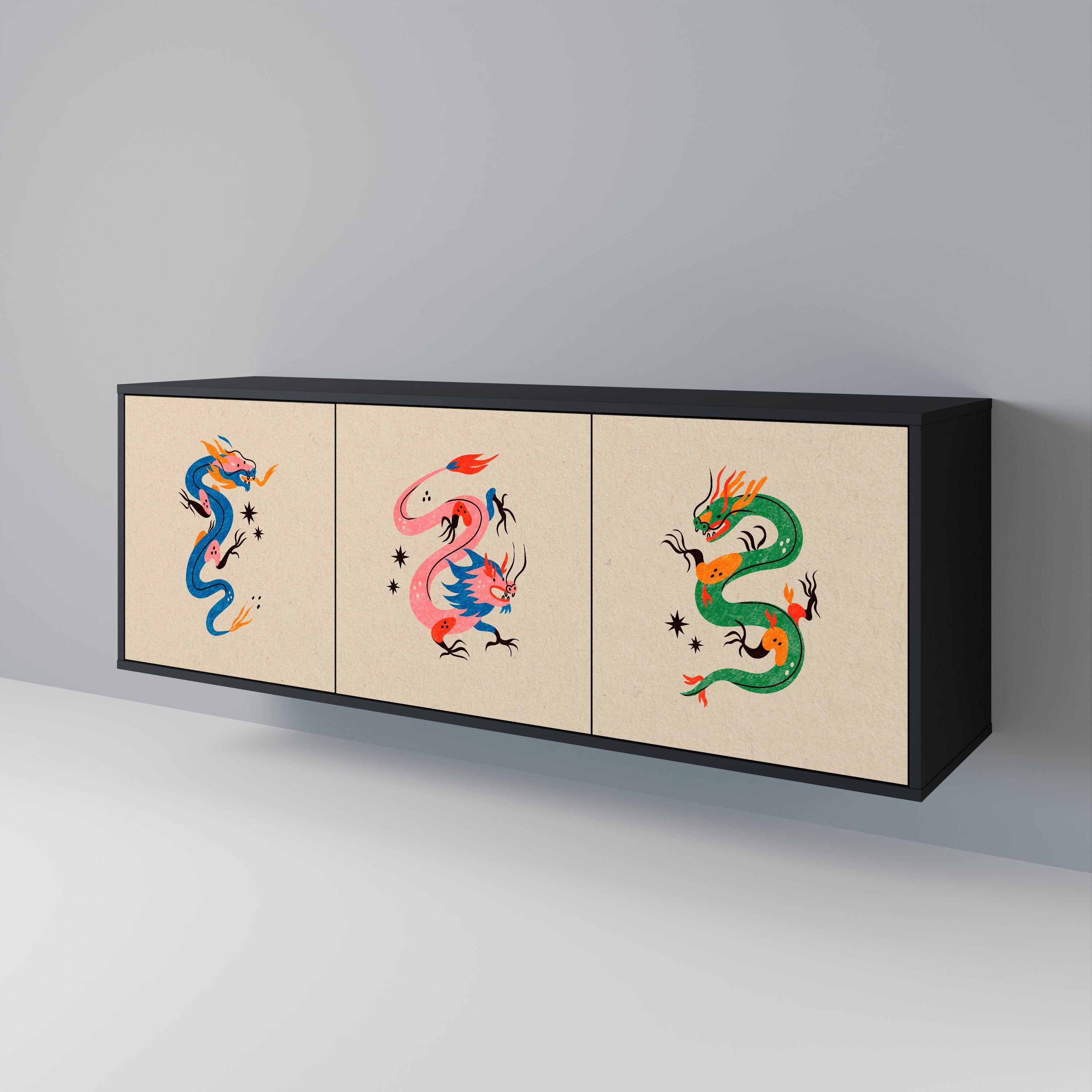 MYTHOLOGICAL CREATURES 3-Door Sideboard in Black Finish