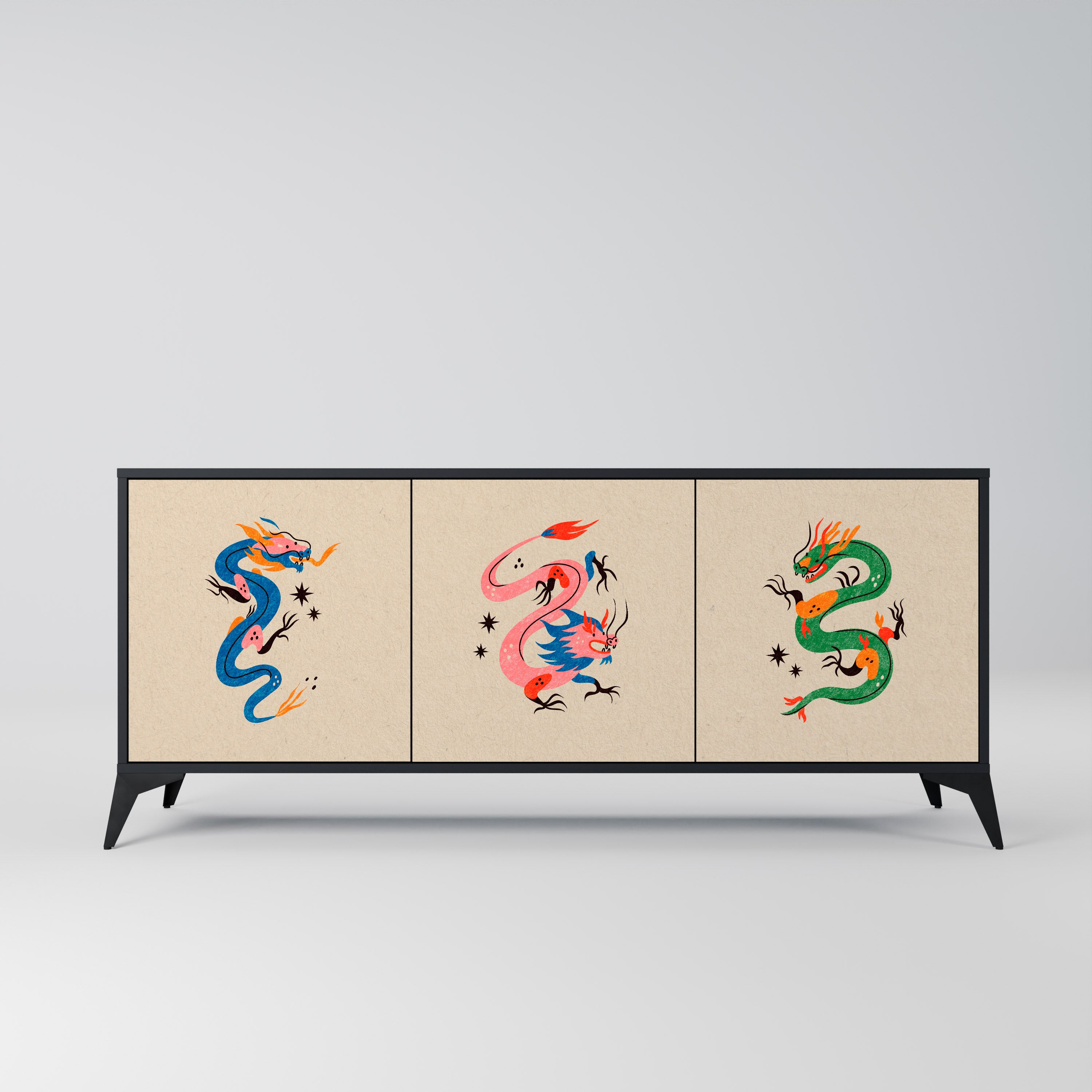MYTHOLOGICAL CREATURES 3-Door Sideboard in Black Finish
