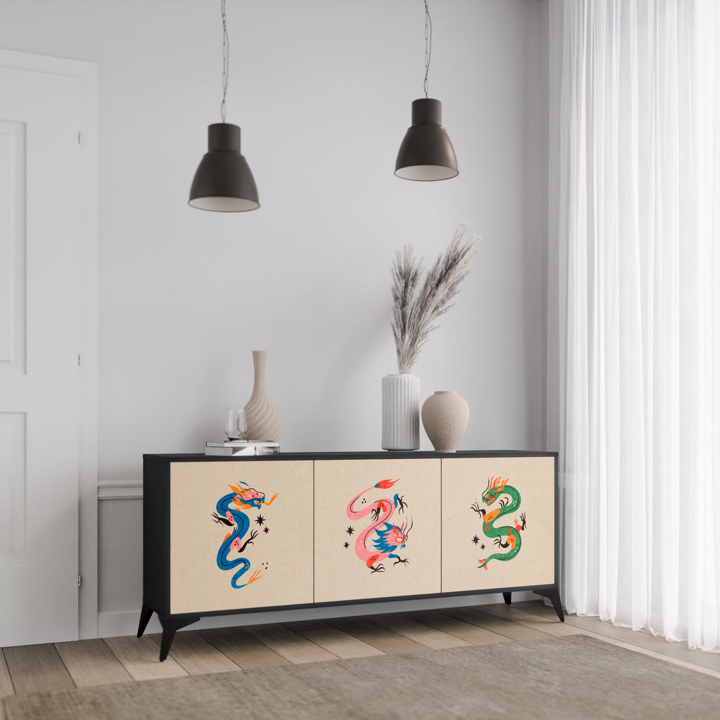 MYTHOLOGICAL CREATURES 3-Door Sideboard in Black Finish