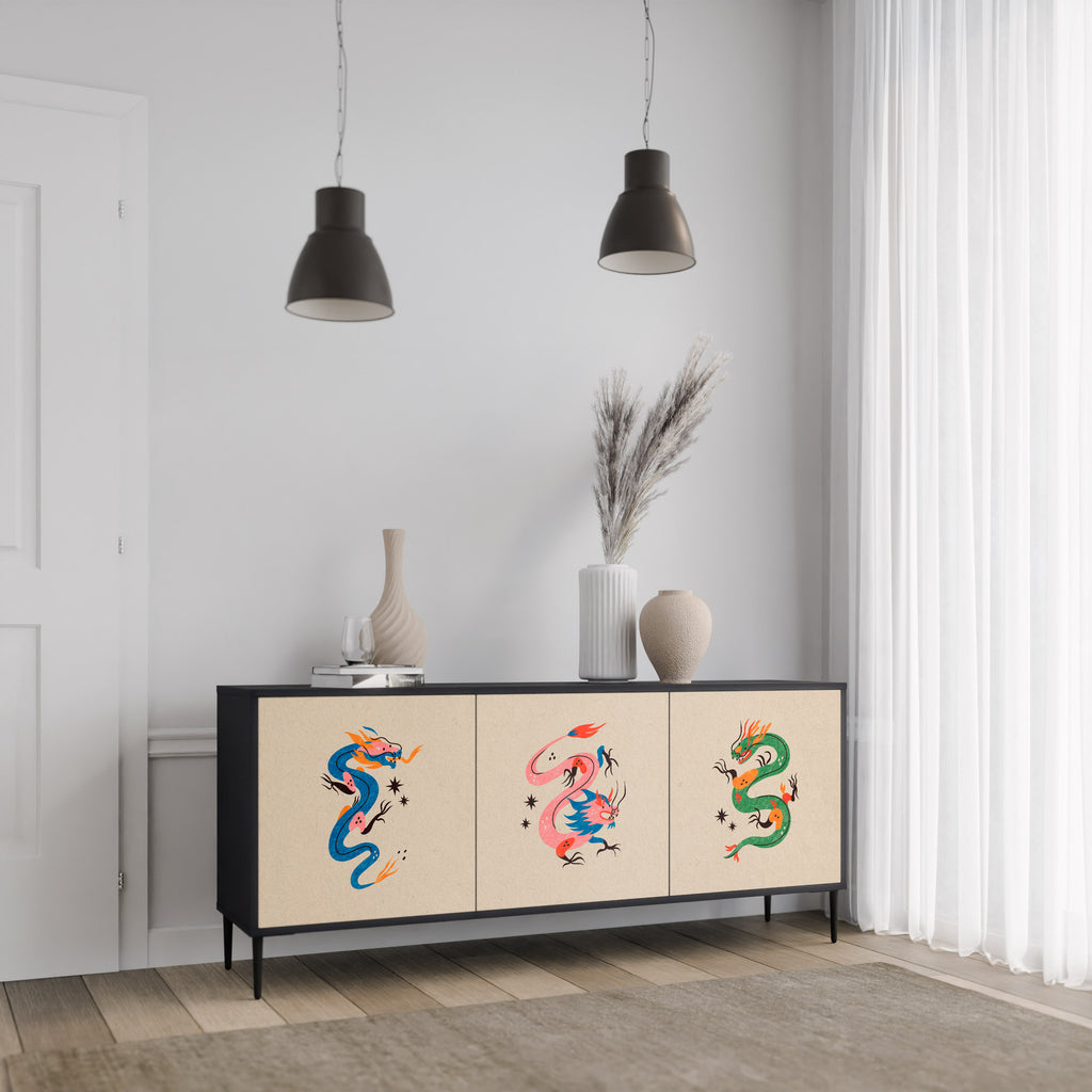MYTHOLOGICAL CREATURES 3-Door Sideboard in Black Finish