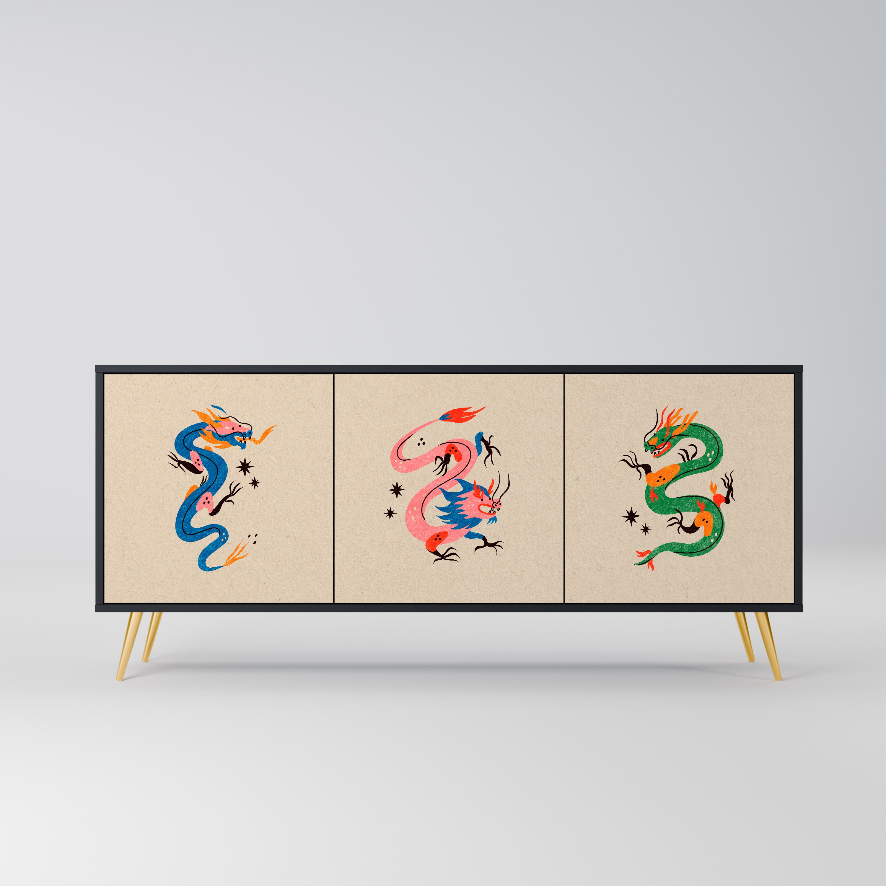 MYTHOLOGICAL CREATURES 3-Door Sideboard in Black Finish