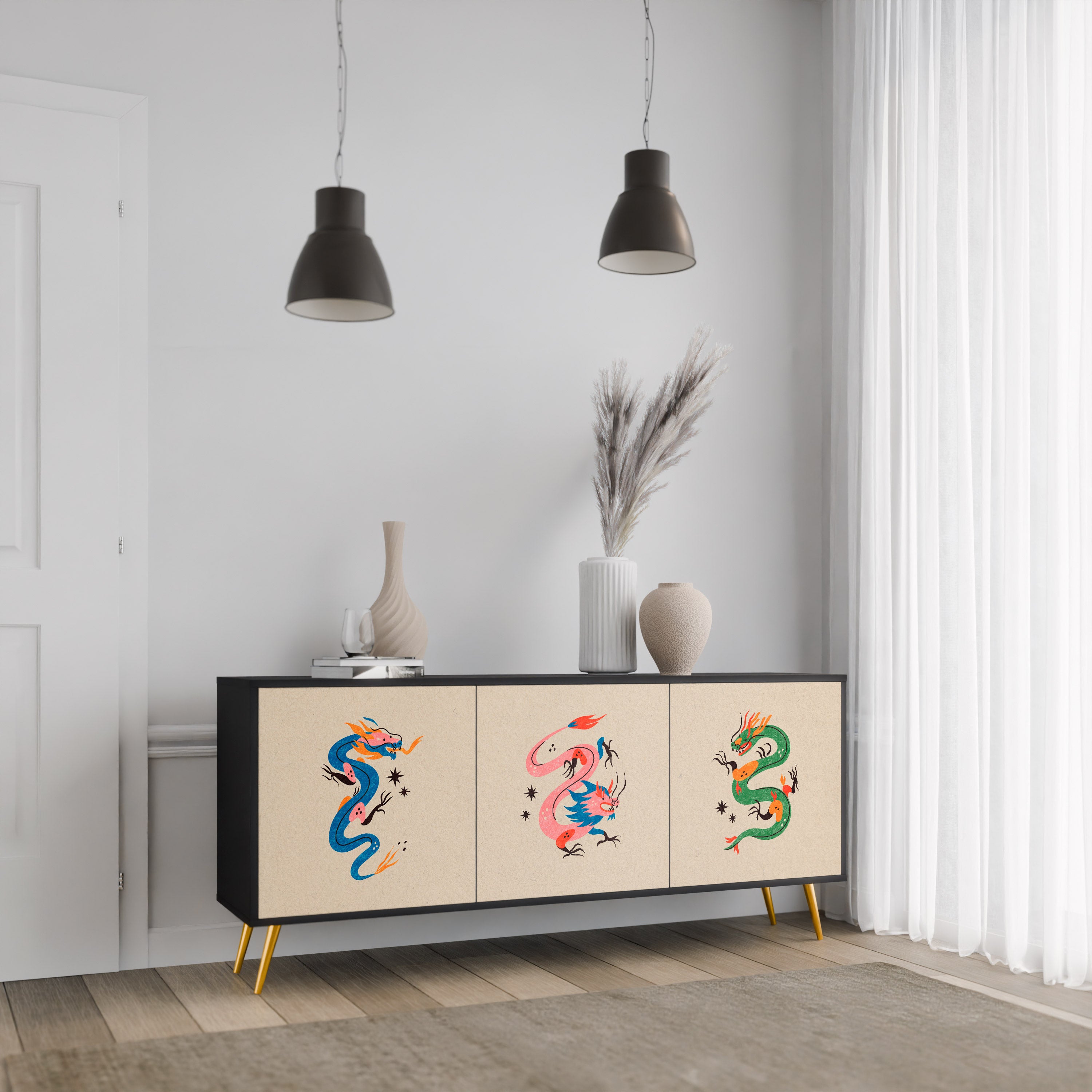 MYTHOLOGICAL CREATURES 3-Door Sideboard in Black Finish