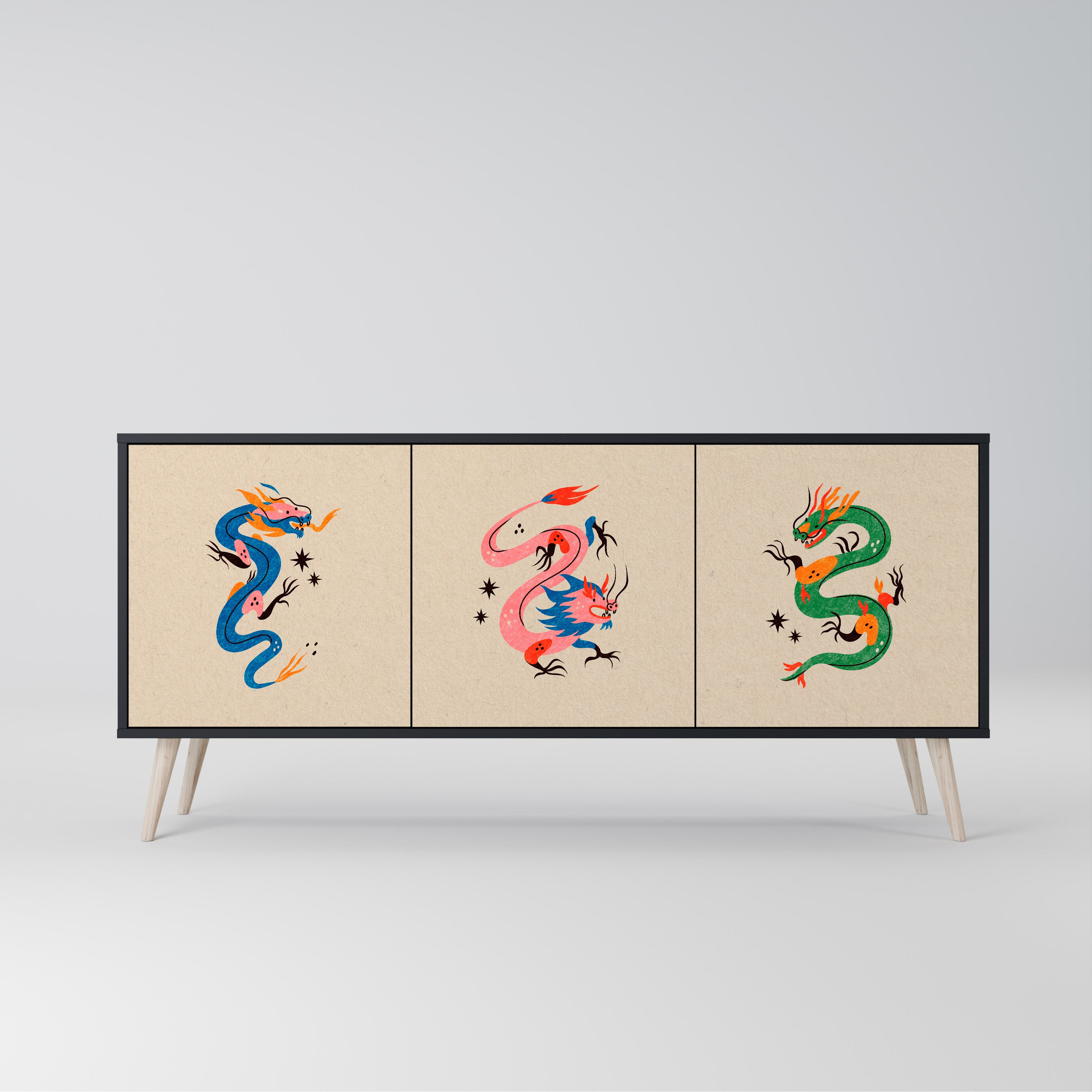 MYTHOLOGICAL CREATURES 3-Door Sideboard in Black Finish