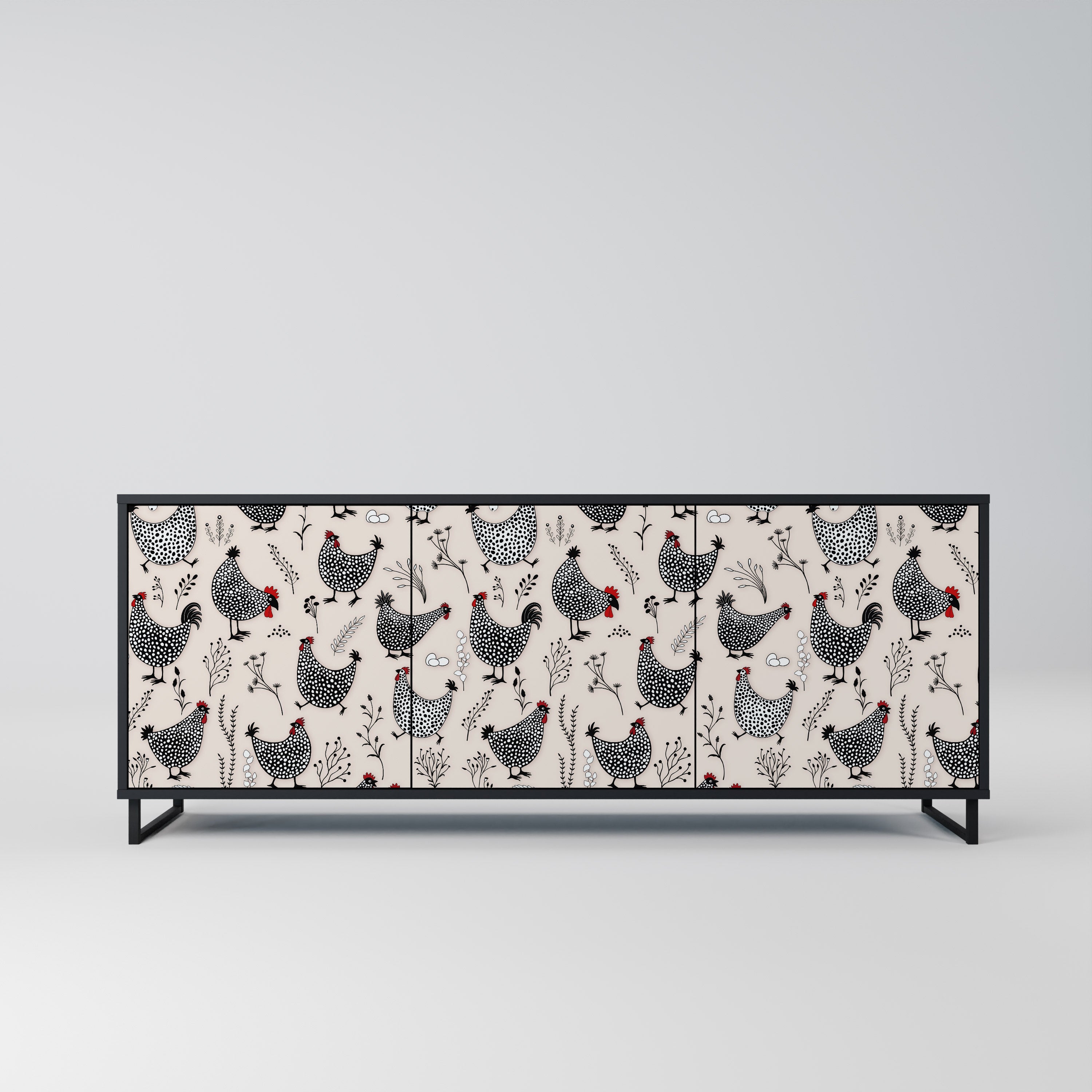 HAPPY HENS 3-Door Sideboard in Black Finish