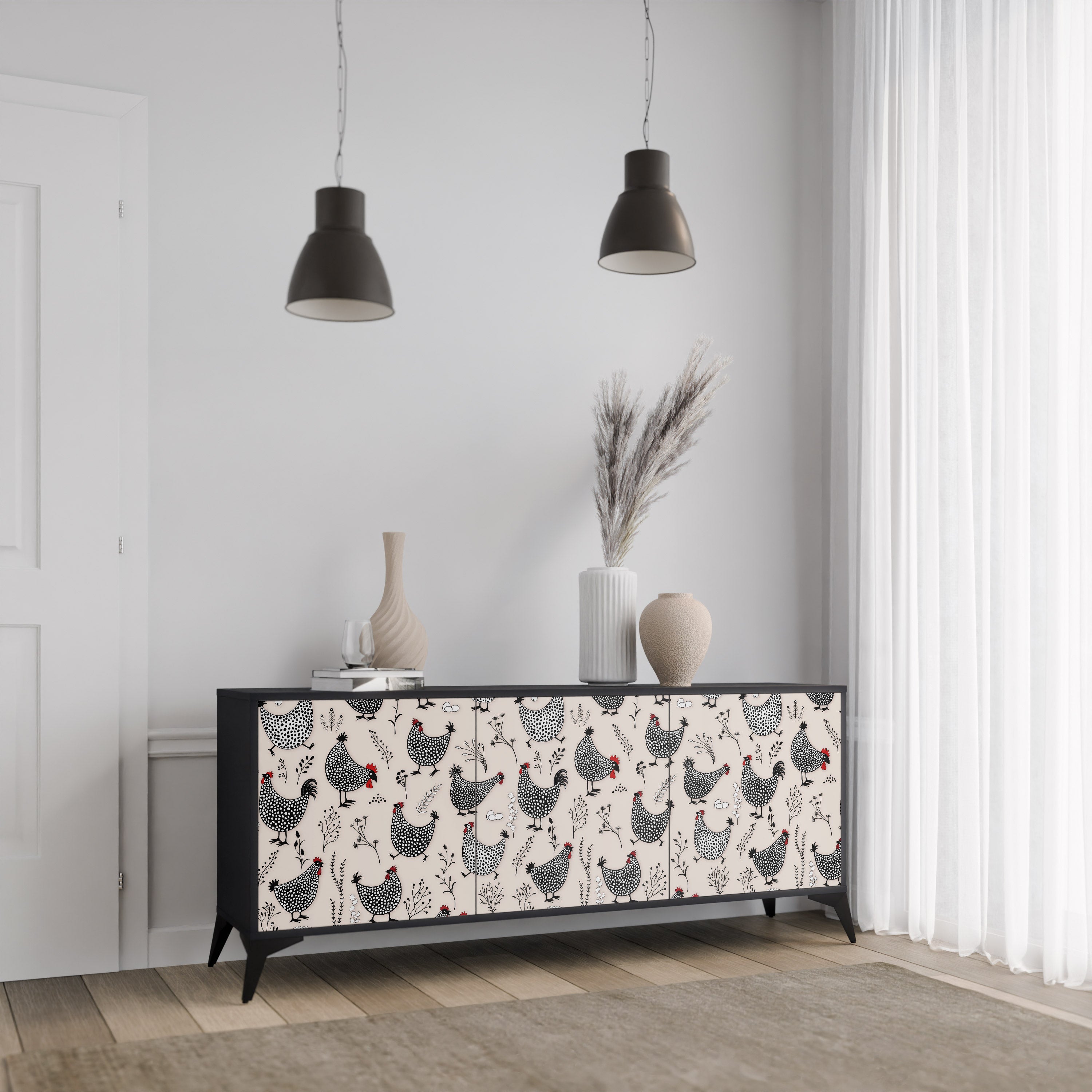 HAPPY HENS 3-Door Sideboard in Black Finish