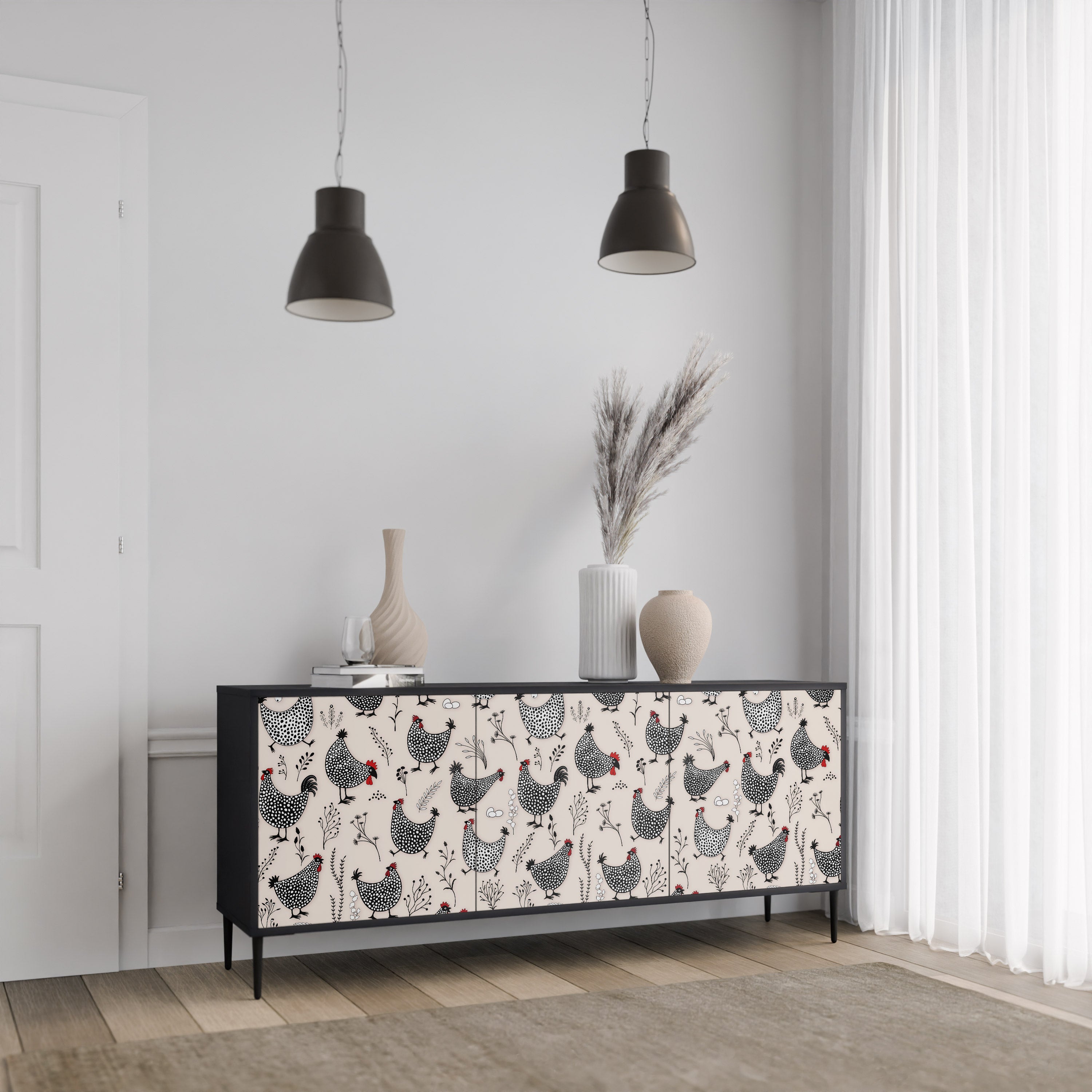 HAPPY HENS 3-Door Sideboard in Black Finish