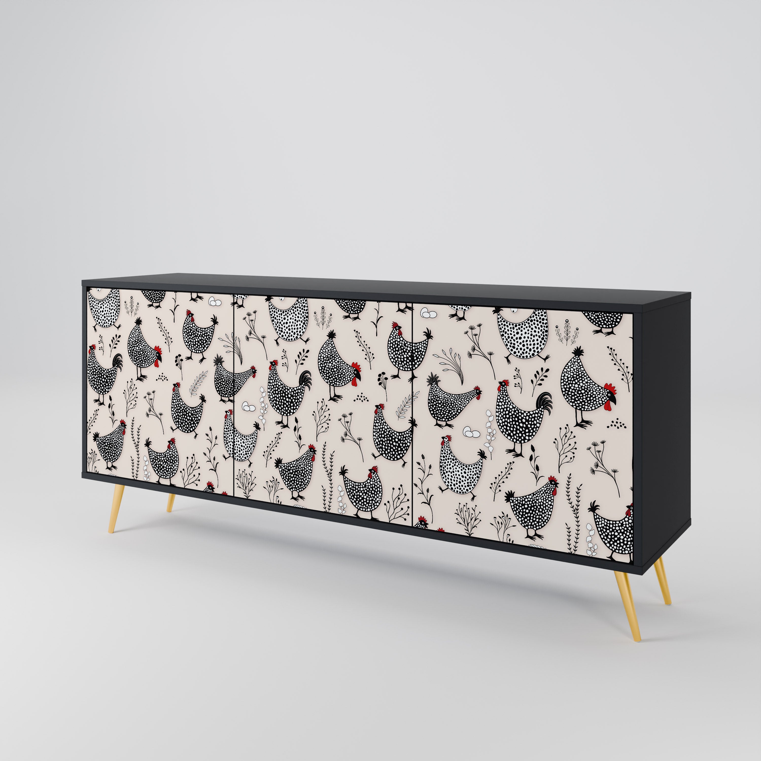 HAPPY HENS 3-Door Sideboard in Black Finish
