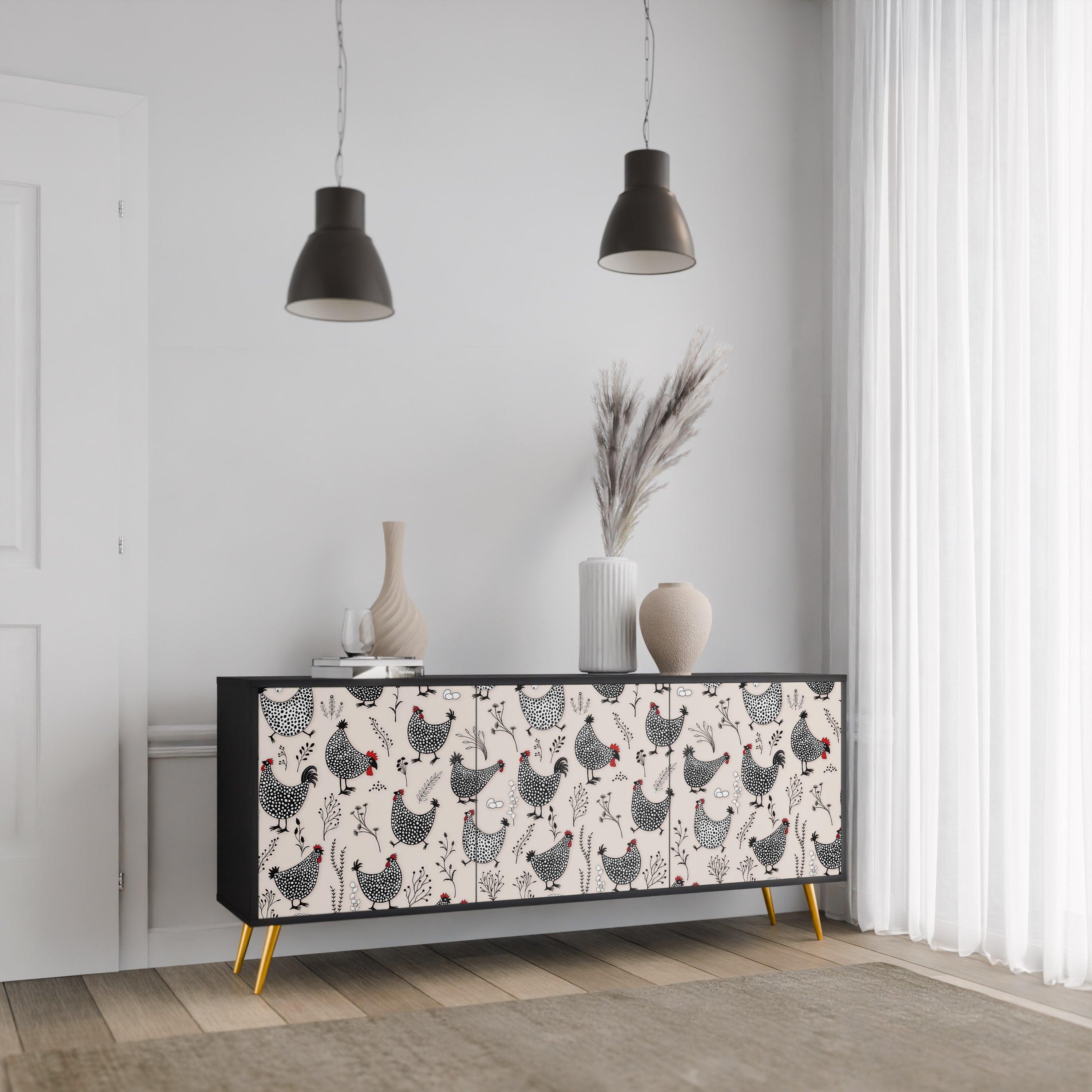 HAPPY HENS 3-Door Sideboard in Black Finish