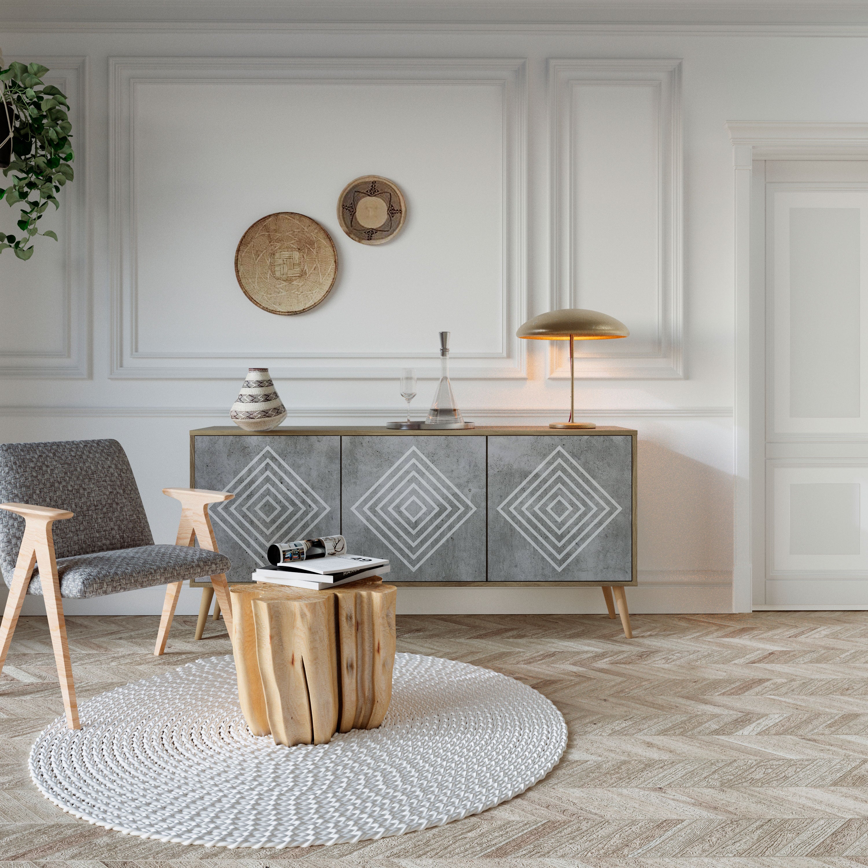 Aparador de 3 puertas POLYGONAL ARTISTRY con efecto roble