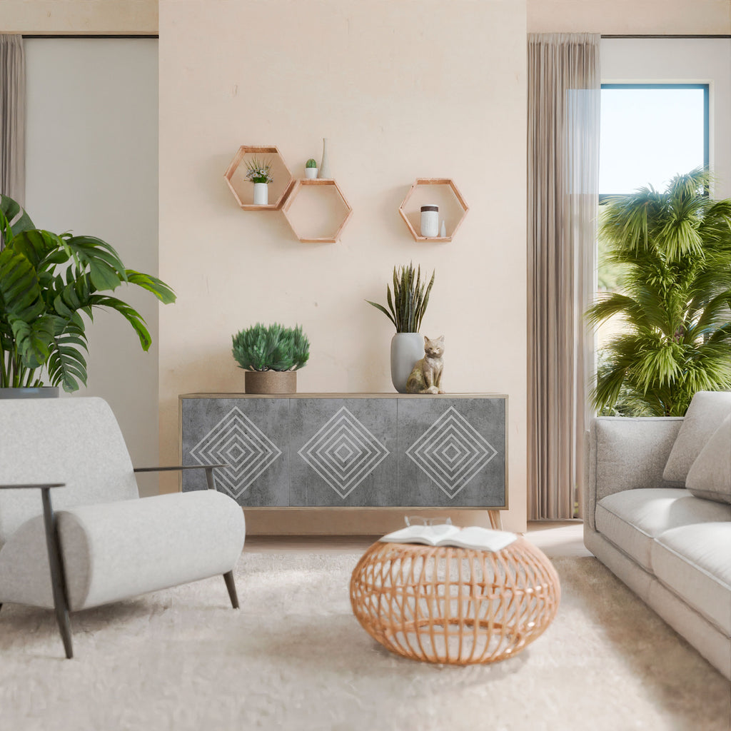 Aparador de 3 puertas POLYGONAL ARTISTRY con efecto roble