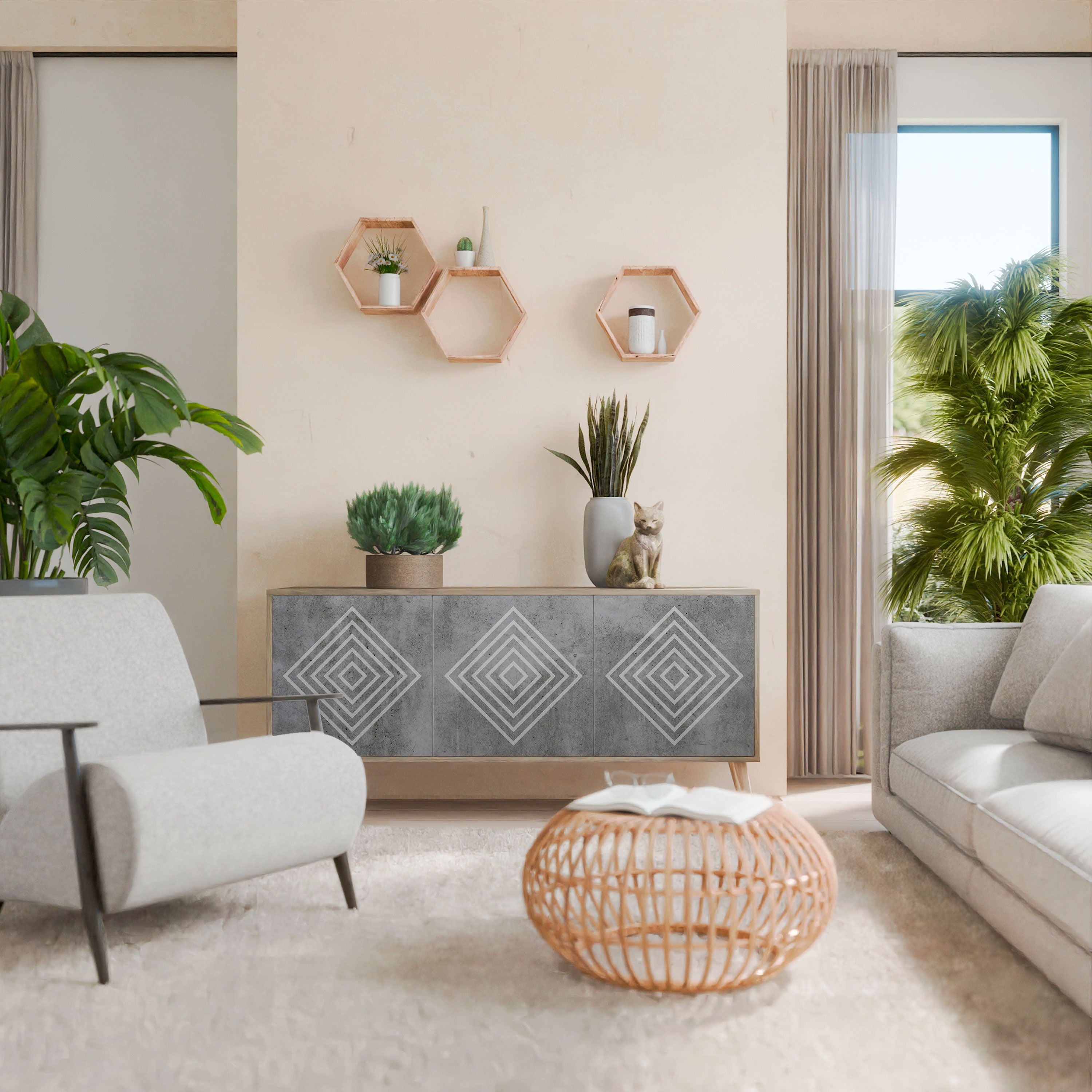 Aparador de 3 puertas POLYGONAL ARTISTRY con efecto roble