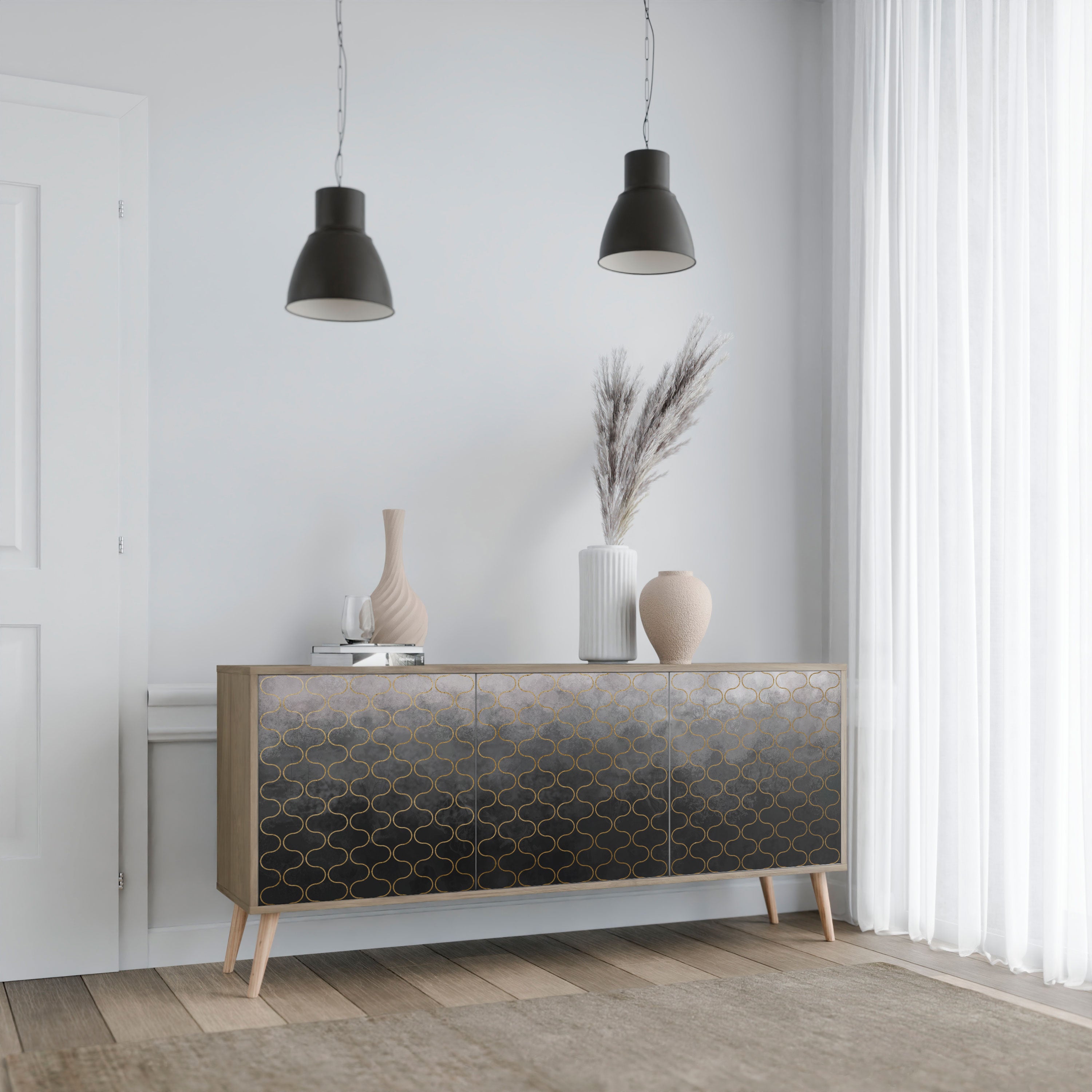 TESSELATED GRAYISH 3-Door Sideboard in Oak Effect