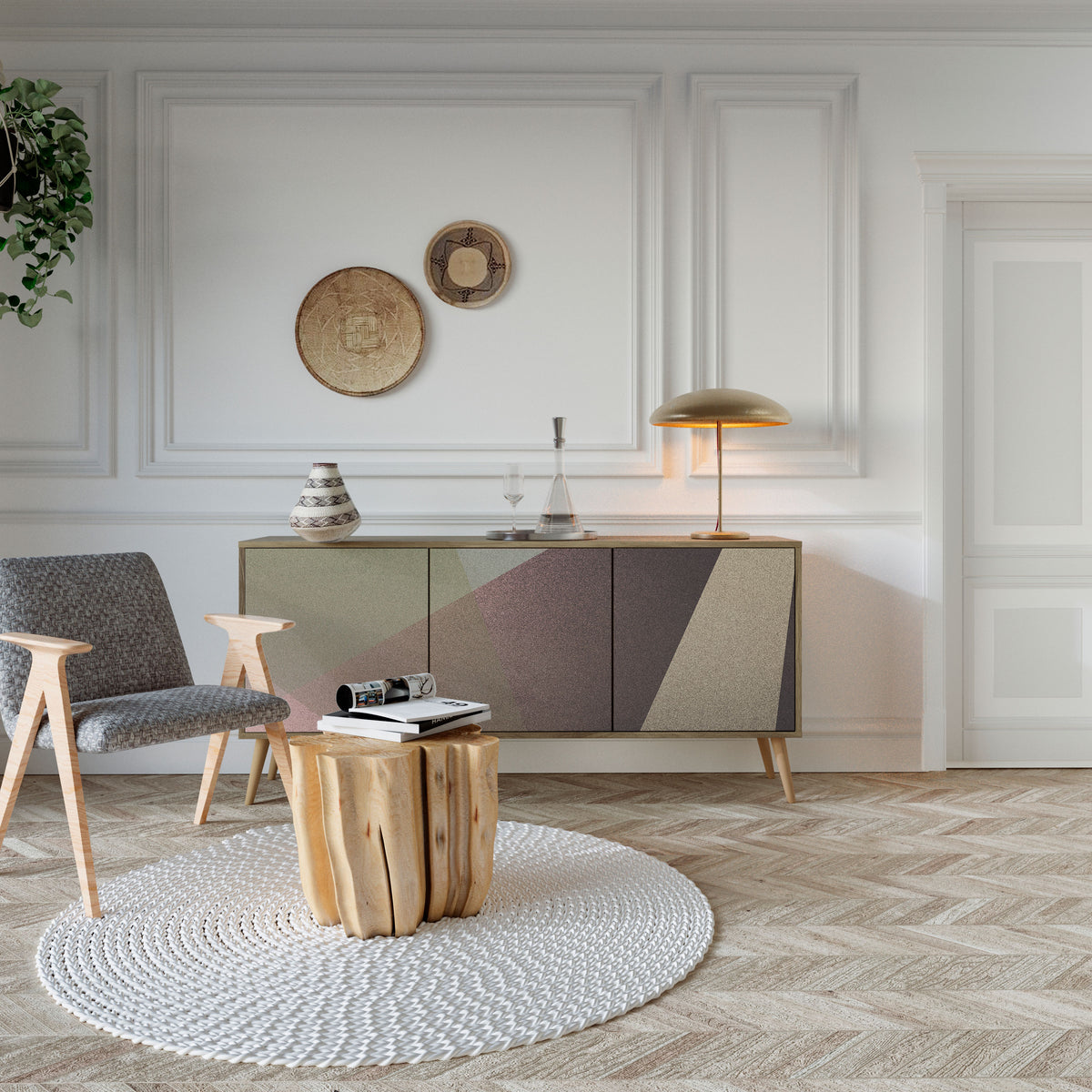 BEIGE GEOMETRY Aparador de 3 Puertas