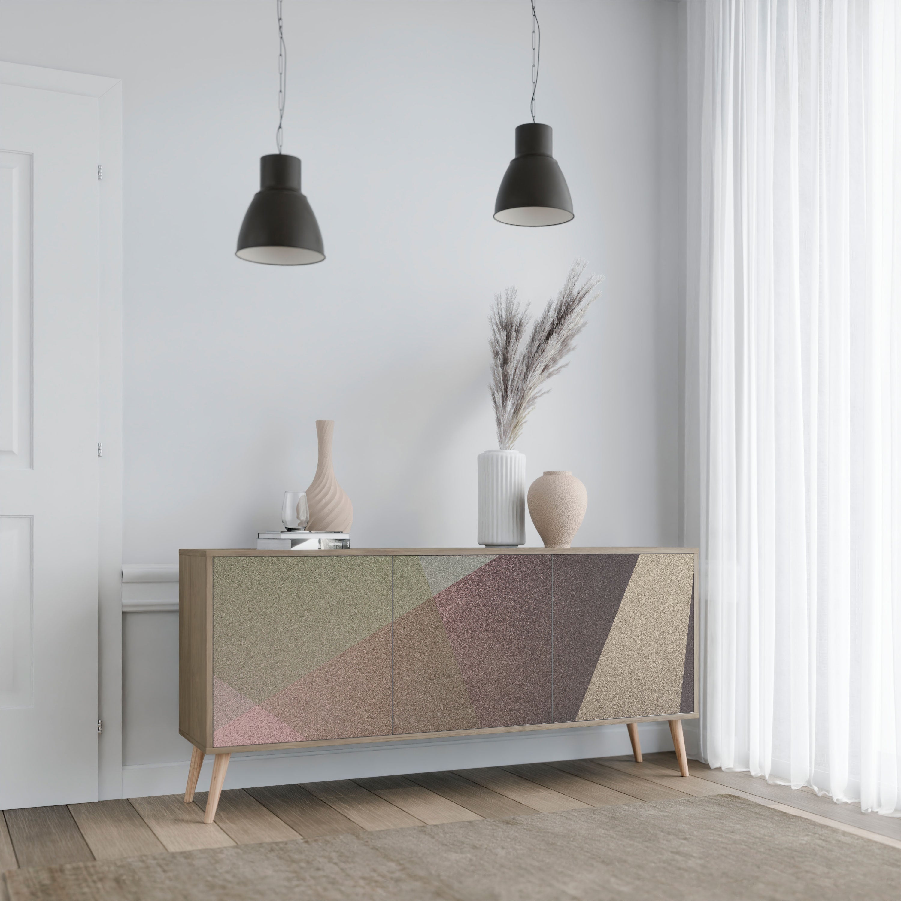 BEIGE GEOMETRY 3-Door Sideboard in Oak Effect