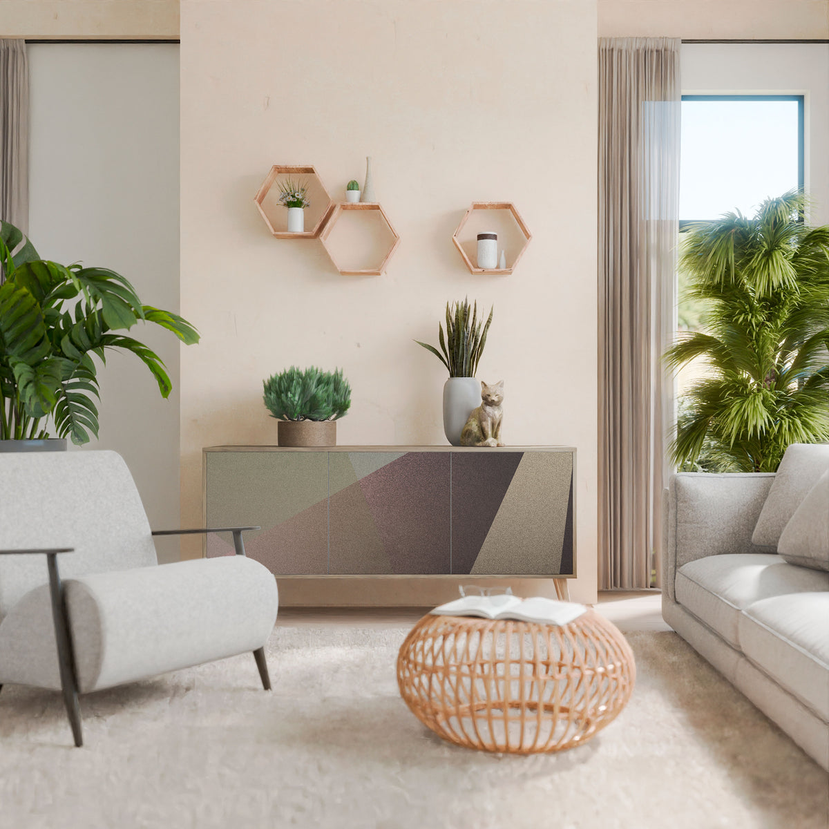 BEIGE GEOMETRY Aparador de 3 Puertas