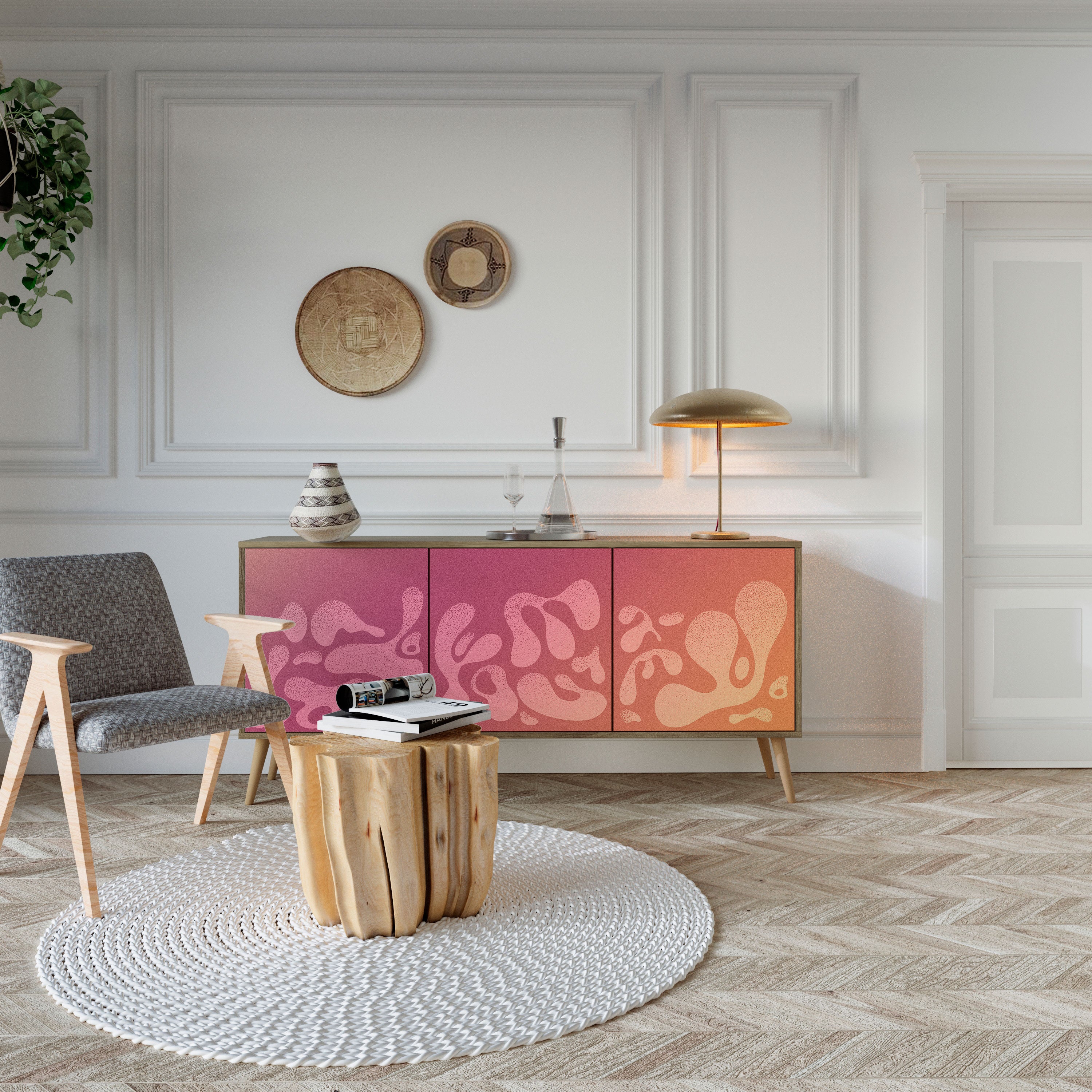 IRREGULAR PINK 3-Door Sideboard in Oak Effect