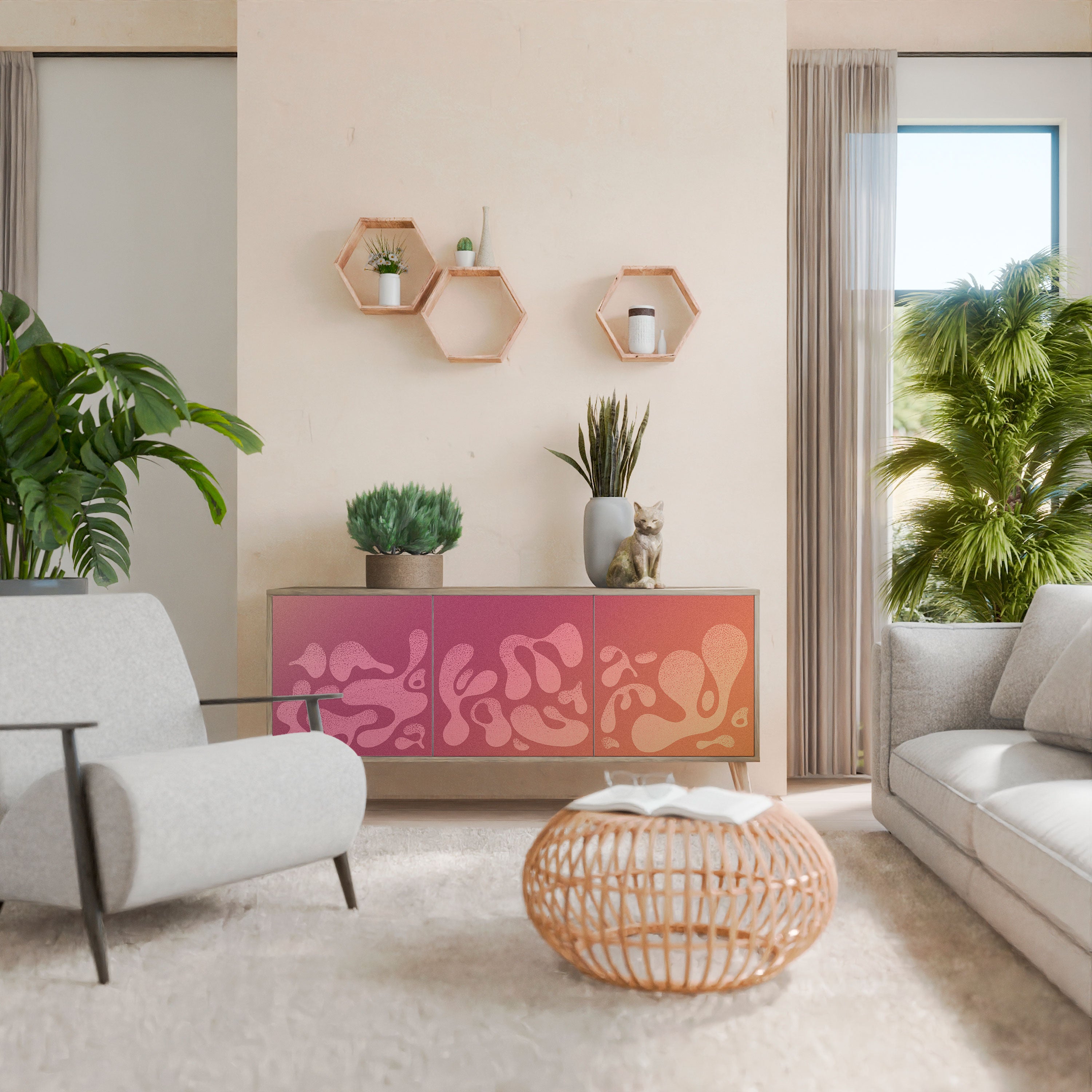 IRREGULAR PINK 3-Door Sideboard in Oak Effect