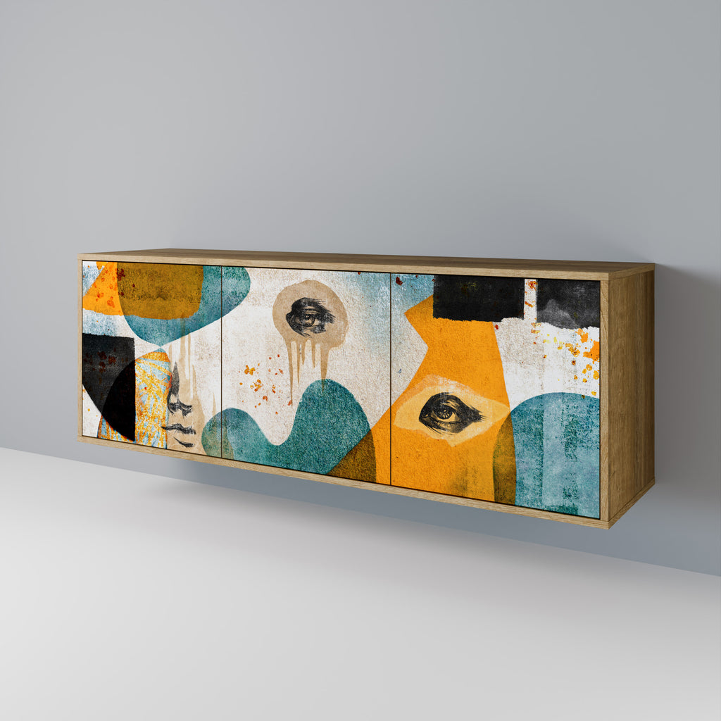 ABSTRACT FACES 3-Door Sideboard in Oak Effect