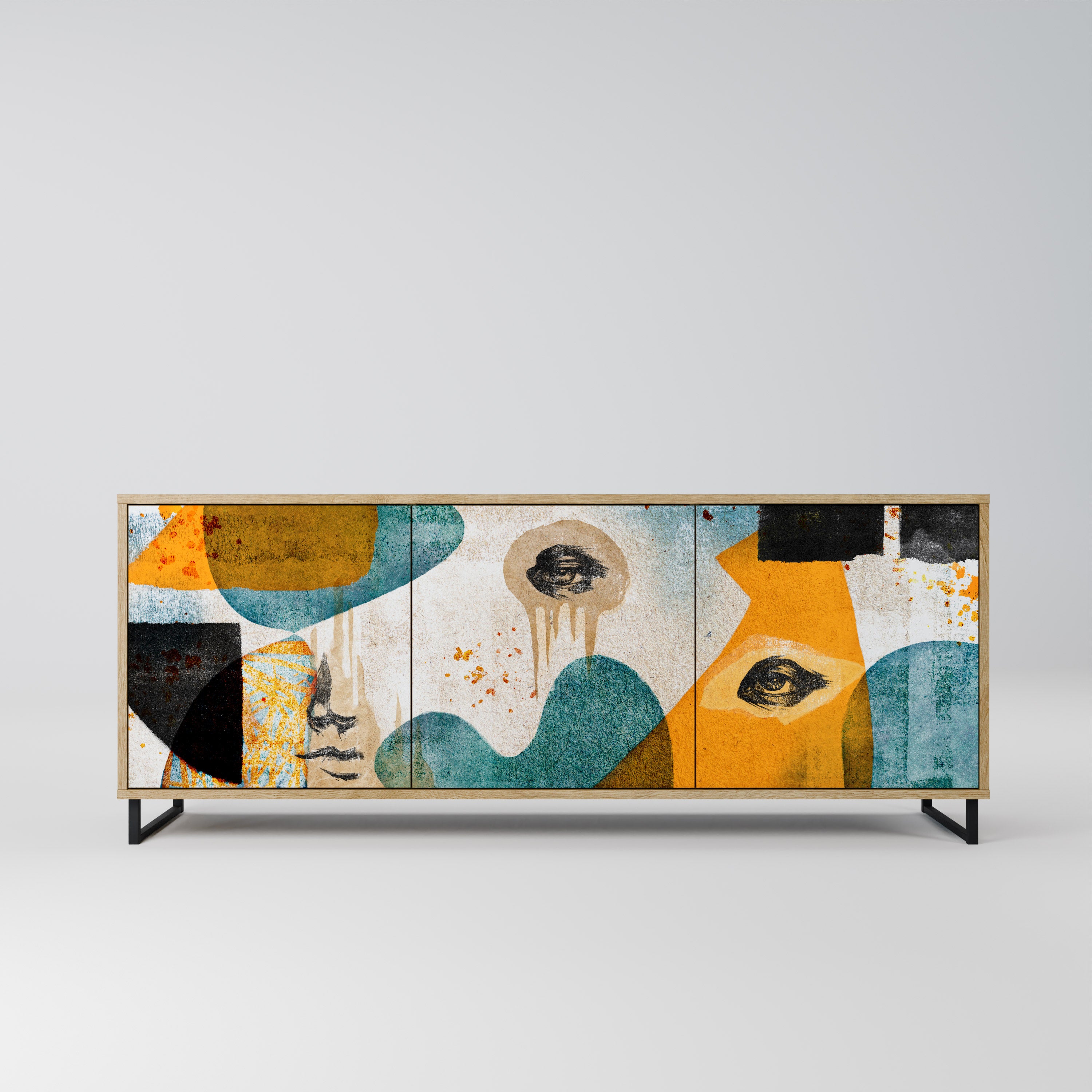 ABSTRACT FACES 3-Door Sideboard in Oak Effect