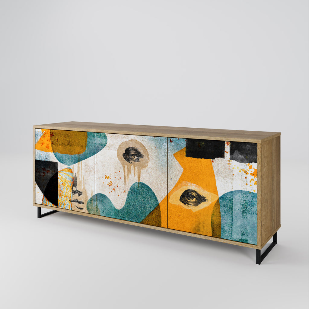 ABSTRACT FACES 3-Door Sideboard in Oak Effect