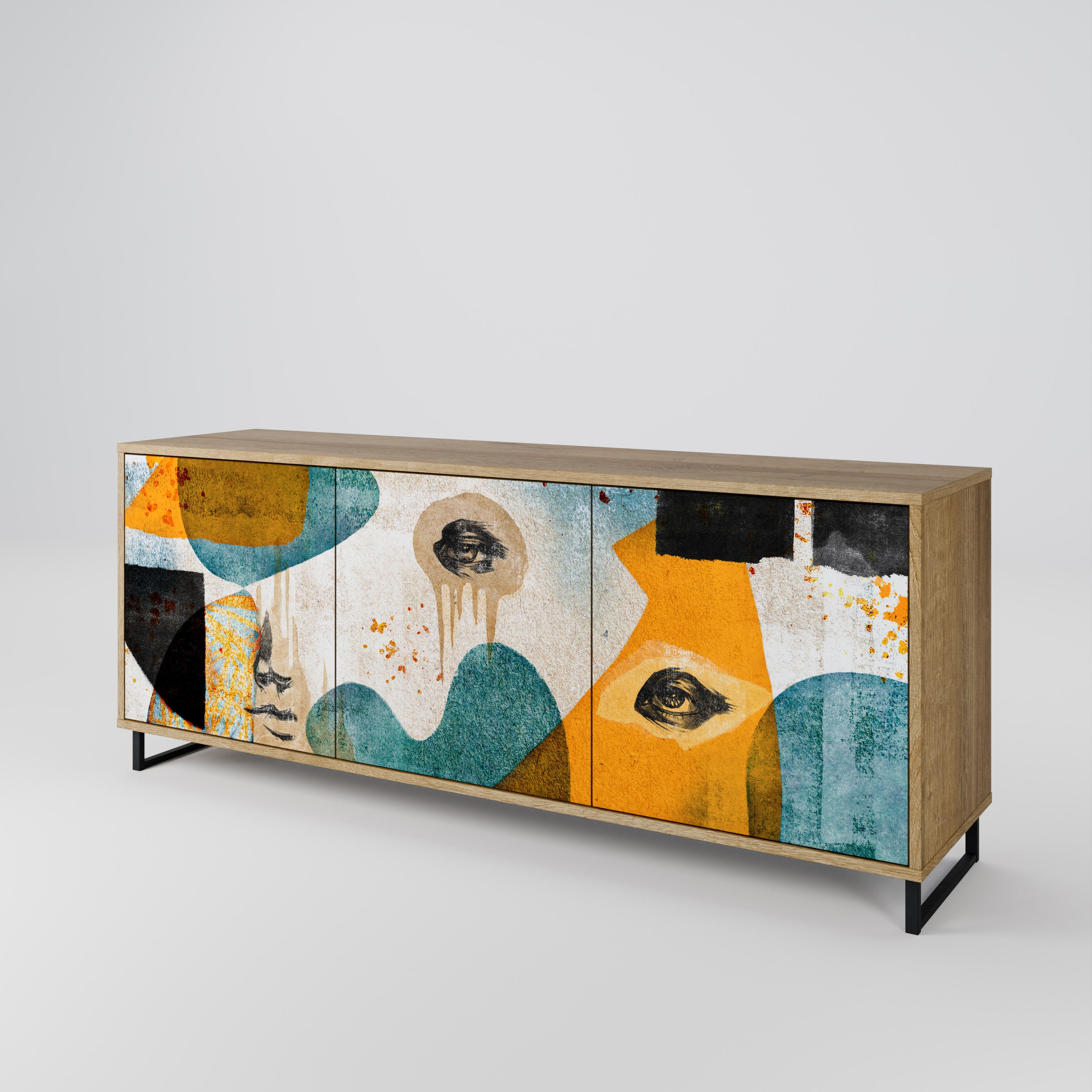 ABSTRACT FACES 3-Door Sideboard in Oak Effect