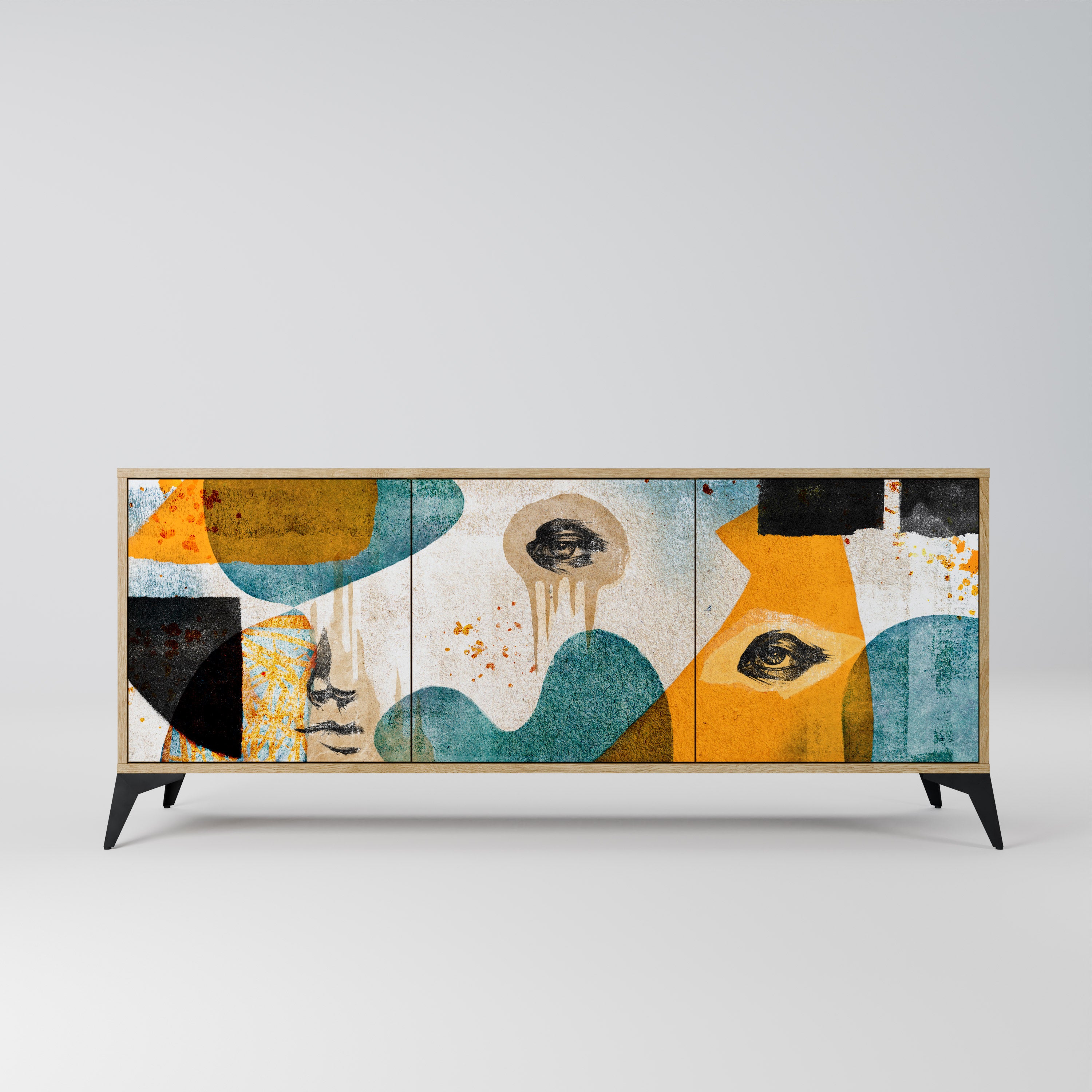 ABSTRACT FACES 3-Door Sideboard in Oak Effect