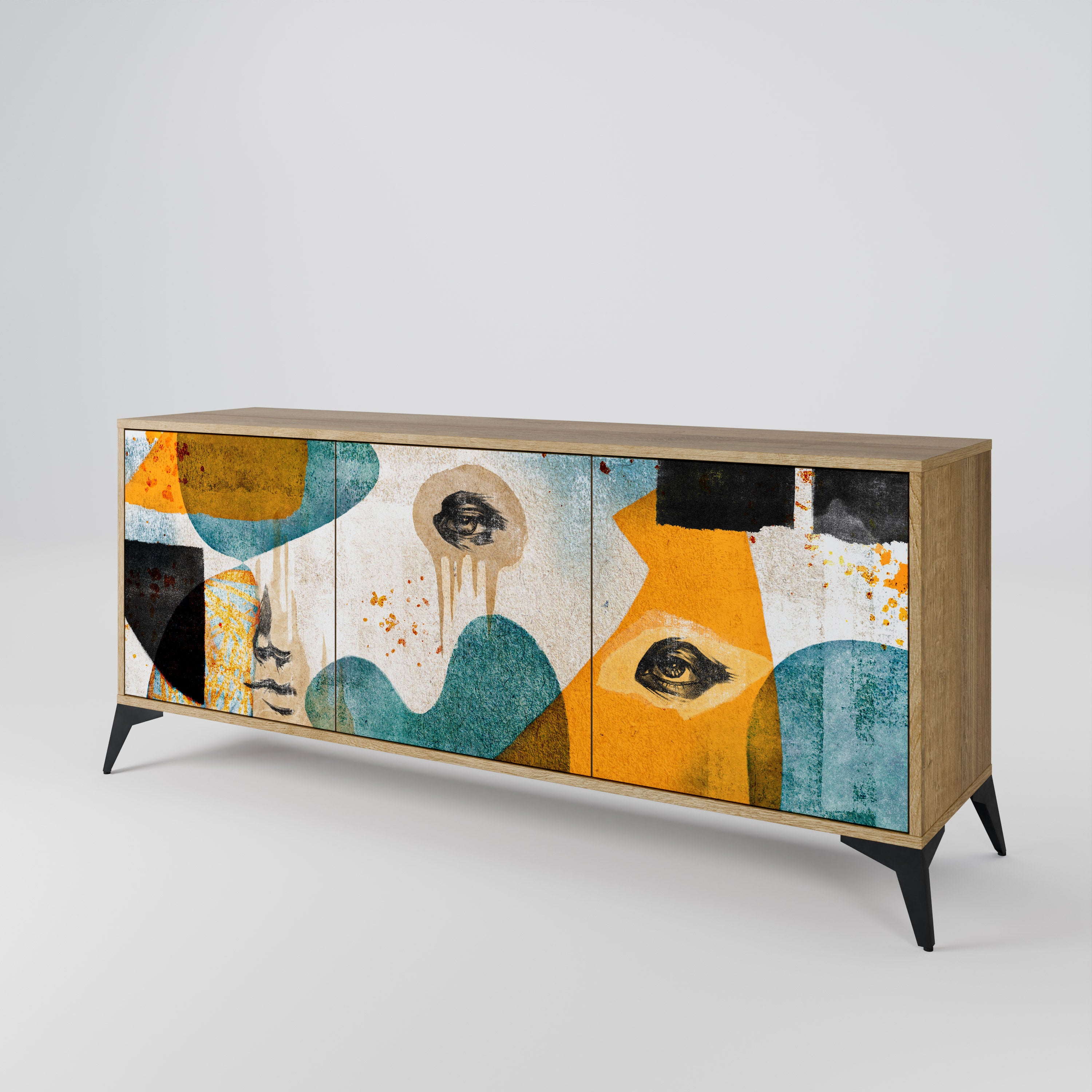 ABSTRACT FACES 3-Door Sideboard in Oak Effect